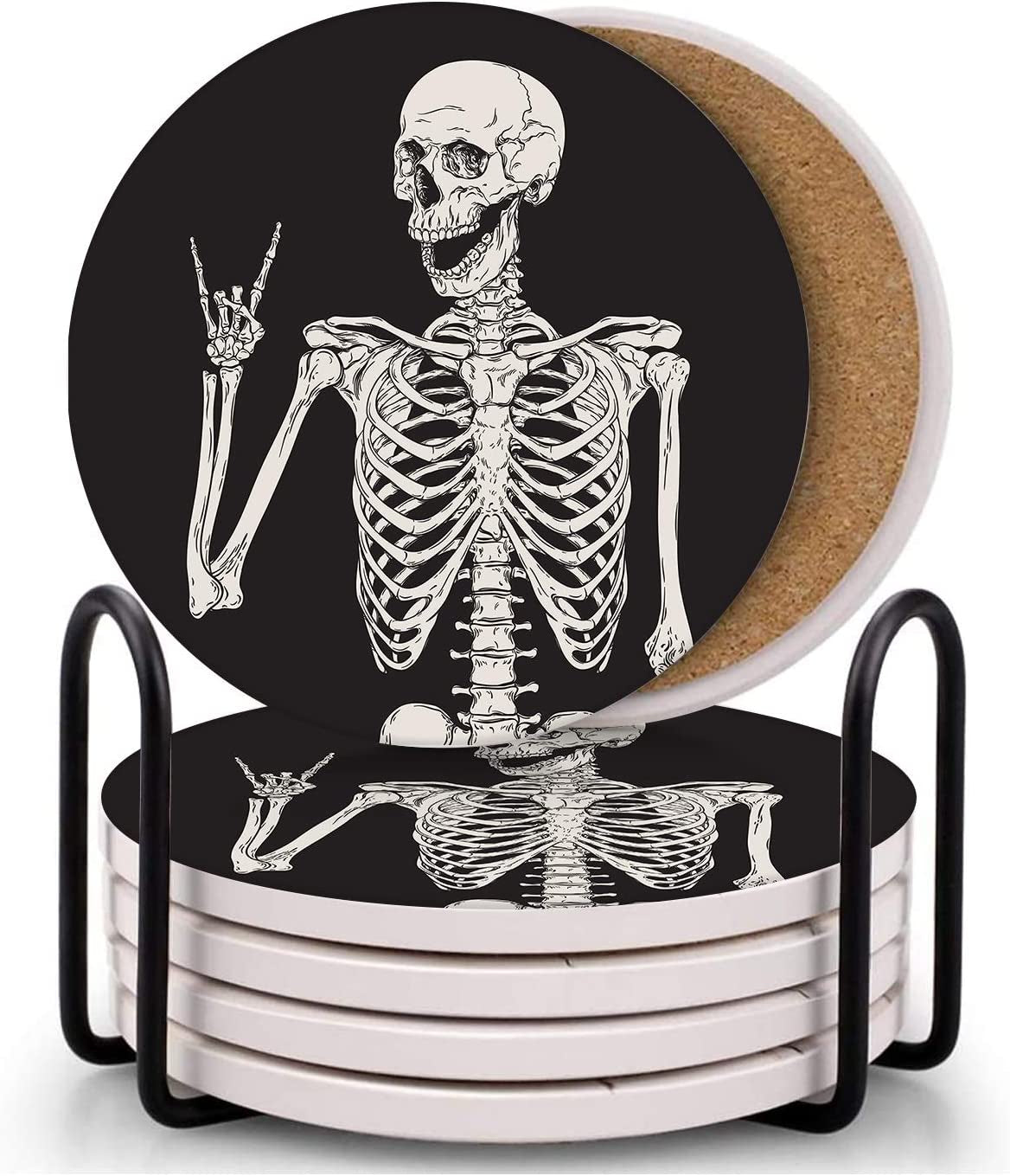 Set of 6 Coaster for Drinks Absorbent with Cork Base, Metal Holder, round Wooden Stone Drink Mat for Coffee Wood Table, Gift for Birthday, Farmhouse Housewarming Room Bar Decor Retro Skull
