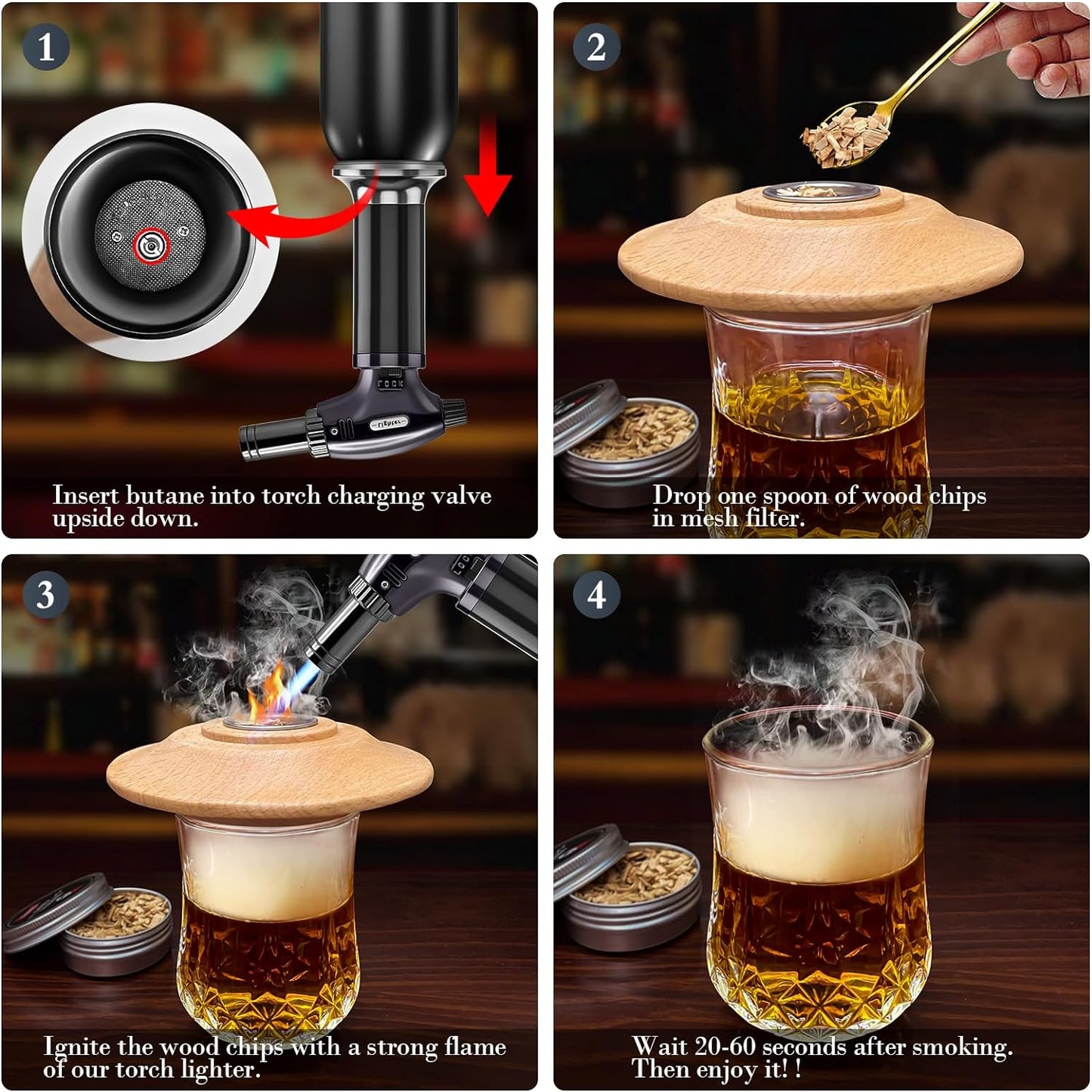 Cocktail Smoker Kit with Torch - 8 Flavors Wood Chips - Old Fashioned Cocktail Kit, Whiskey Smoker Kit, Drink Smoker, Whiskey, Birthday Bourbon Gifts for Men, Dad, Husband (Without Butane)