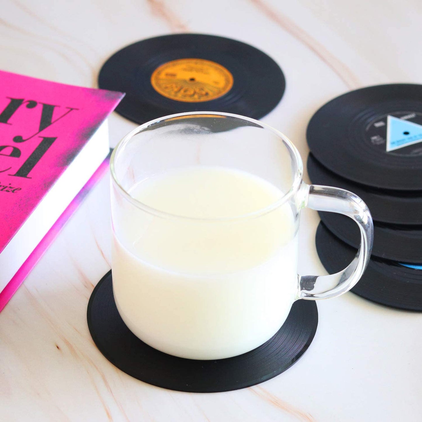Funny Retro Vinyl Record Coasters for Drinks with Vinyl Record Player Holder for Music Lovers,Set of 6 Conversation Piece Sayings Drink Coaster,Housewarming Hostess Gifts, Wedding Registry Gift Ideas