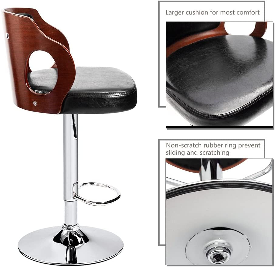 Bar Stools Walnut Bentwood Adjustable Height Leather Modern Barstools with Back Vinyl Seat Extremely Comfy Bar Stool 1 Piece (Black)