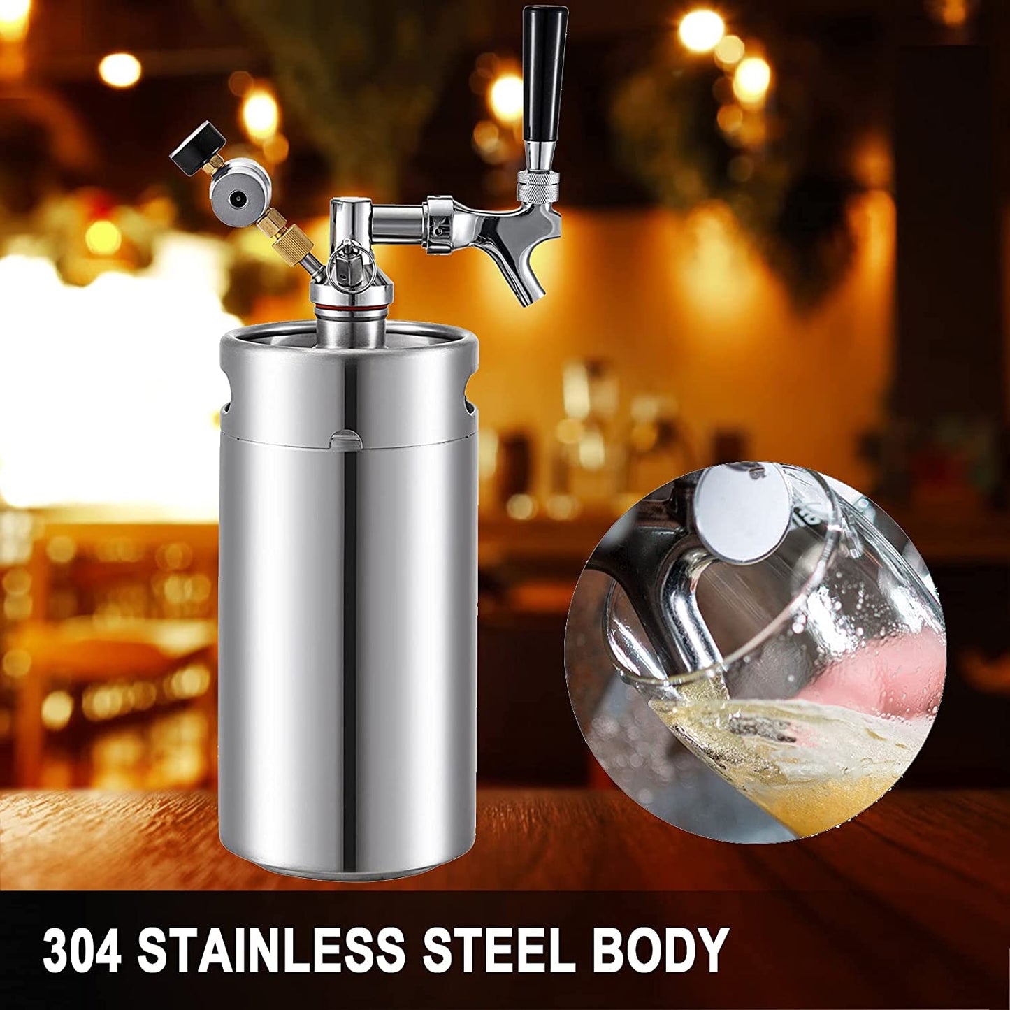 Beer Mini Keg 135 Oz, Mini Keg Growler W/Tap Faucet, Pressurized Growler 304 Stainless Steel Pressurized Beer Growler with Co2 Pressure Regulator, Beer Dispenser Portable Carbonated Growler