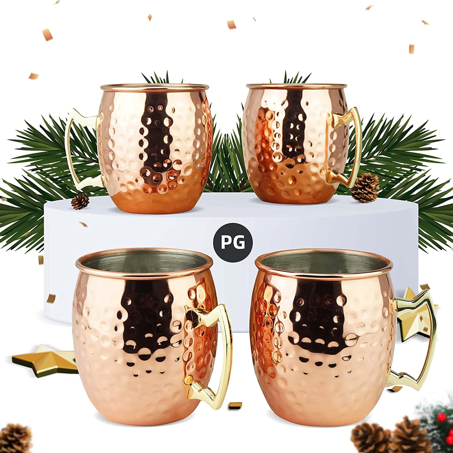 Moscow Mule Mugs | Large Size 19 Ounces | Set of 4 Hammered Cups | Stainless Steel Lining | Pure Copper Plating | Gold Brass Handles | 3.7 Inches Diameter X 4 Inches Tall
