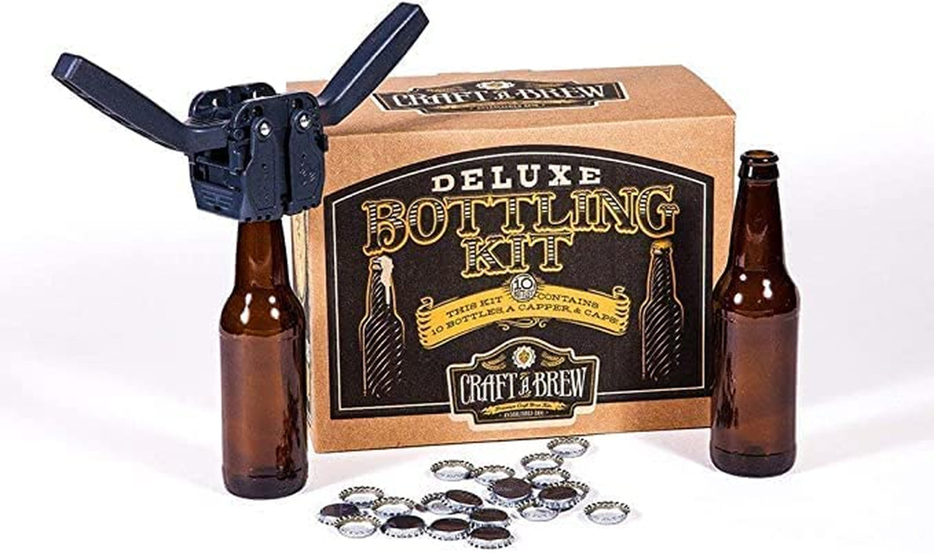 Deluxe Bottling Kit – Homebrew Bottler Equipment – Home Brewing Easy Bottling Set – 10 Empty 12Oz. Amber Glass Bottles – 30+ Caps – 1 Capper…