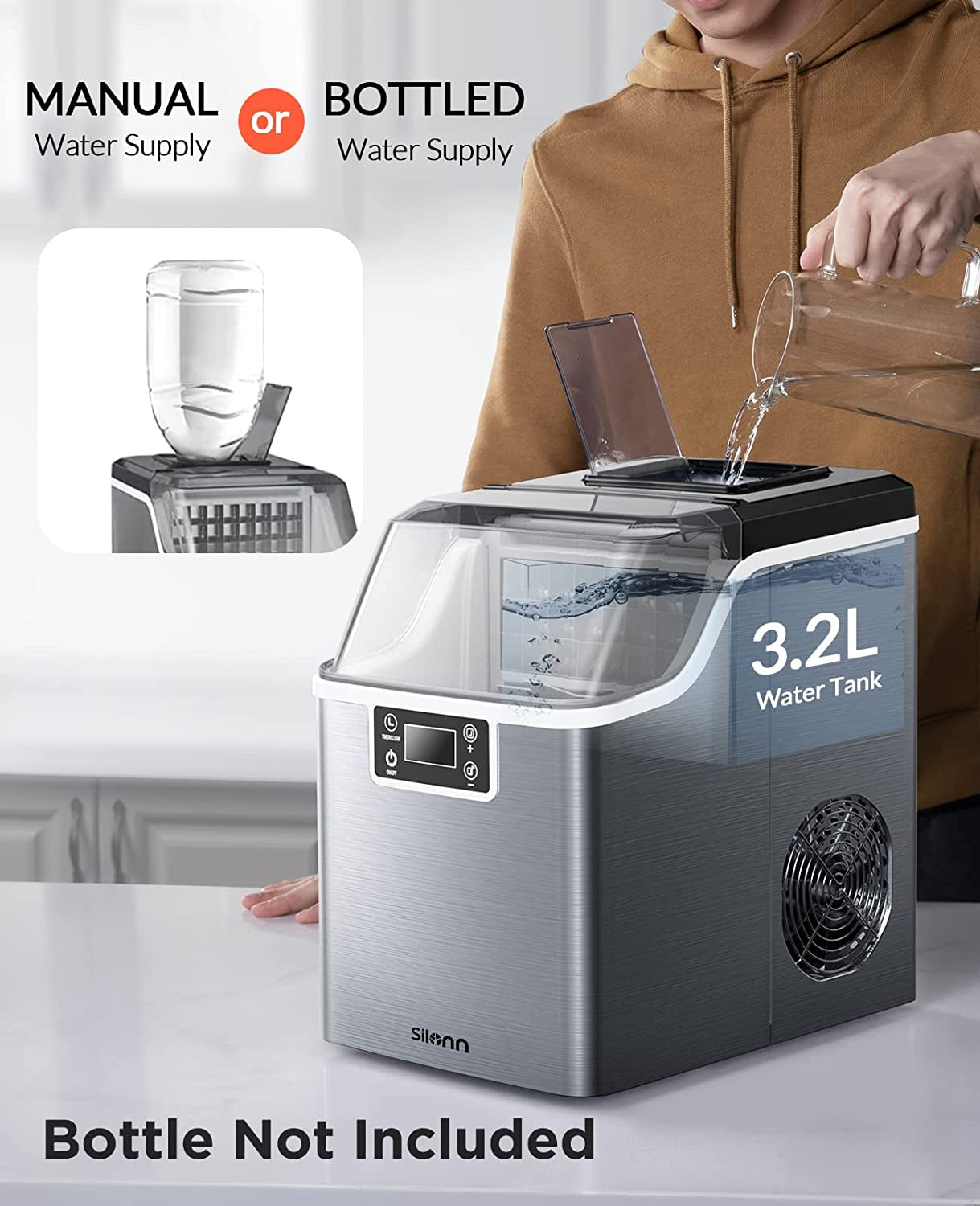 Countertop Ice Maker, 45Lbs per Day, 24Pcs Ice Cubes in 13 Min, 2 Ways to Add Water, Auto Self-Cleaning, Stainless Steel Ice Machine for Home Office Bar Party