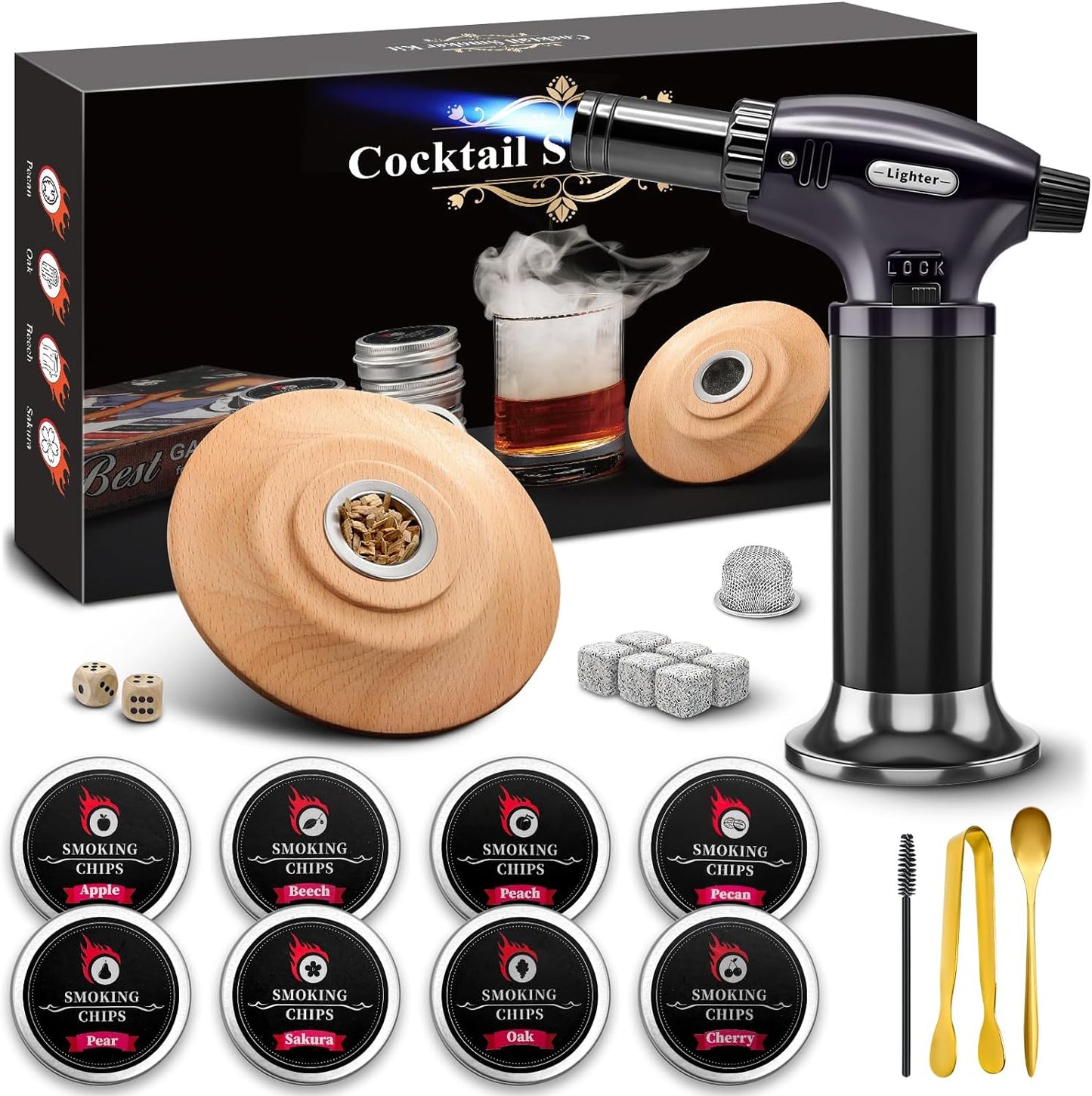 Cocktail Smoker Kit with Torch - 8 Flavors Wood Chips - Old Fashioned Cocktail Kit, Whiskey Smoker Kit, Drink Smoker, Whiskey, Birthday Bourbon Gifts for Men, Dad, Husband (Without Butane)