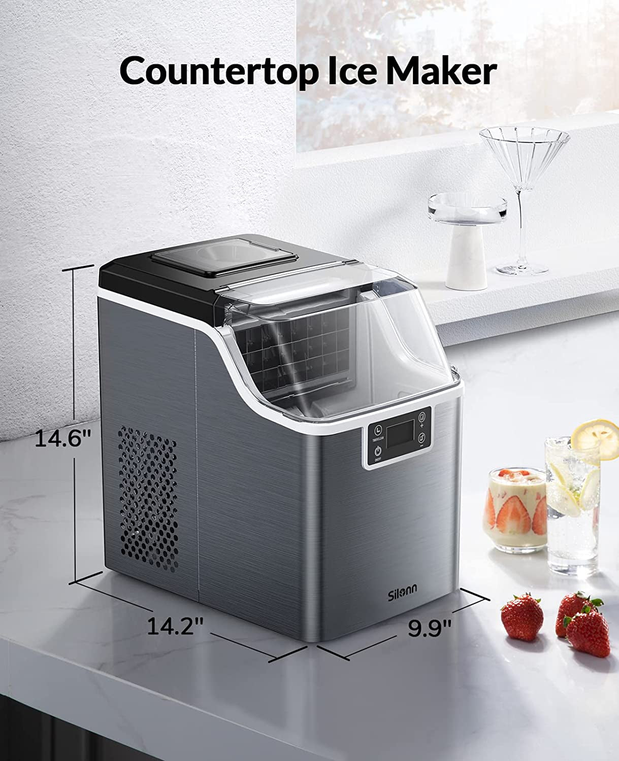 Countertop Ice Maker, 45Lbs per Day, 24Pcs Ice Cubes in 13 Min, 2 Ways to Add Water, Auto Self-Cleaning, Stainless Steel Ice Machine for Home Office Bar Party