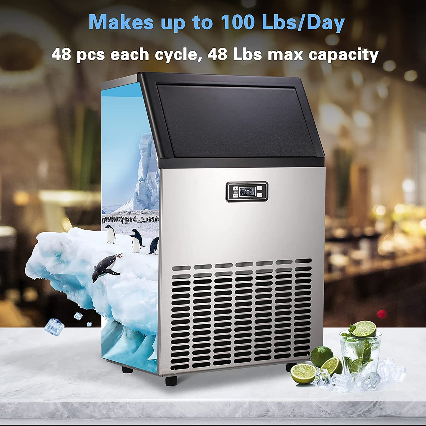 Ice Maker, Commercial Ice Machine,100Lbs/Day, Stainless Steel Ice Machine with 48 Lbs Capacity, Ideal for Restaurant, Bars, Home and Offices, Includes Scoop