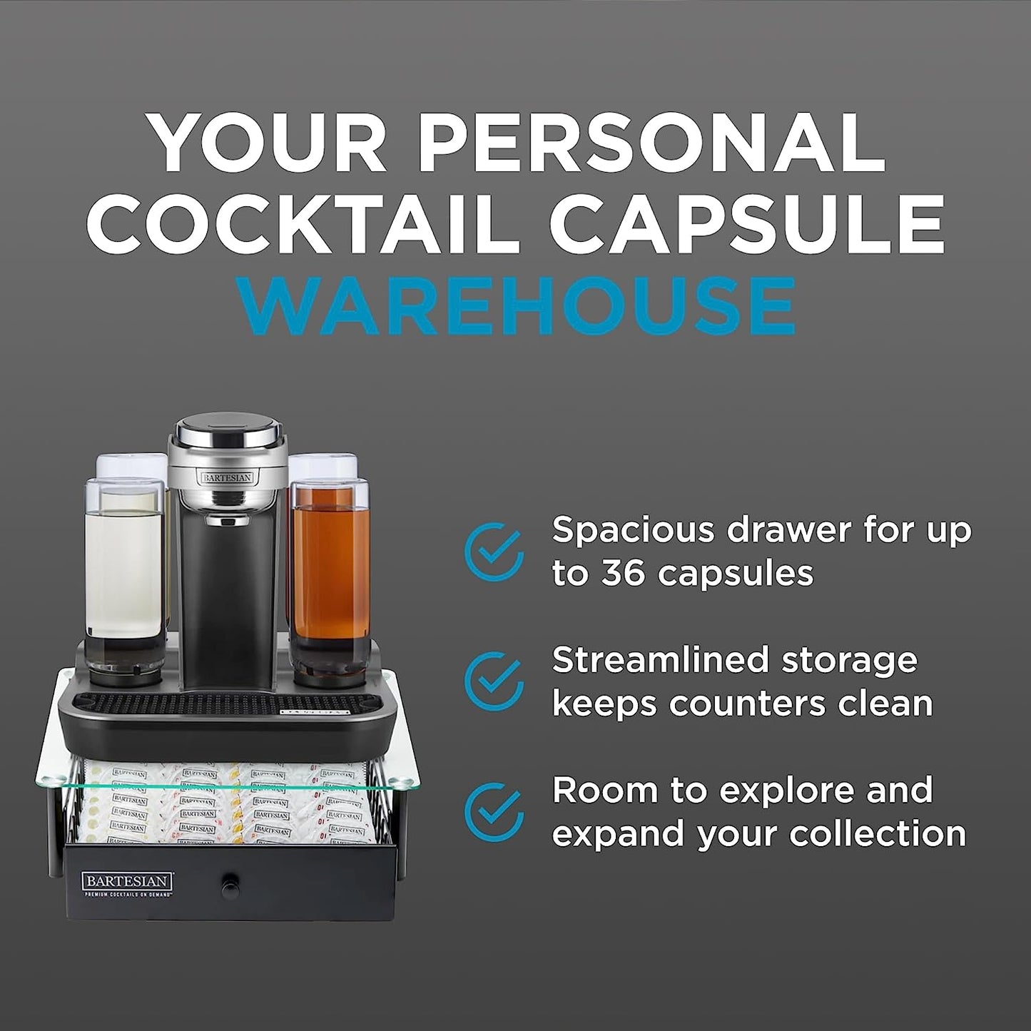 Cocktail Capsule Storage Drawer Organizer - Stylish Mixology Cocktails Drink Mixer Holder Dispenser - Home Bar Accessories for Cocktail Maker Machine - Holds up to 36 Capsules