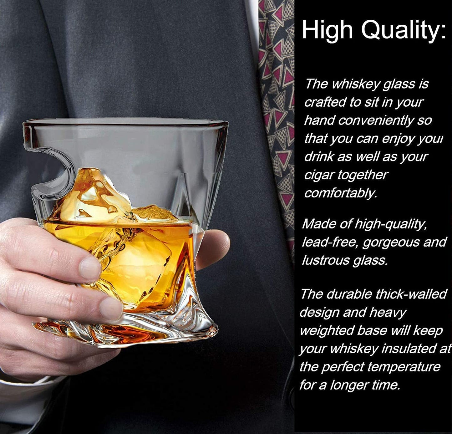 Old Fashioned Whiskey Cigar Glasses with Side Mounted Cigar Holder + Whisky Chilling Stones and Accessories in Wooden Box - Scotch Bourbon Set for Dad, Husband, Fathers Day, Birthday Gift Set