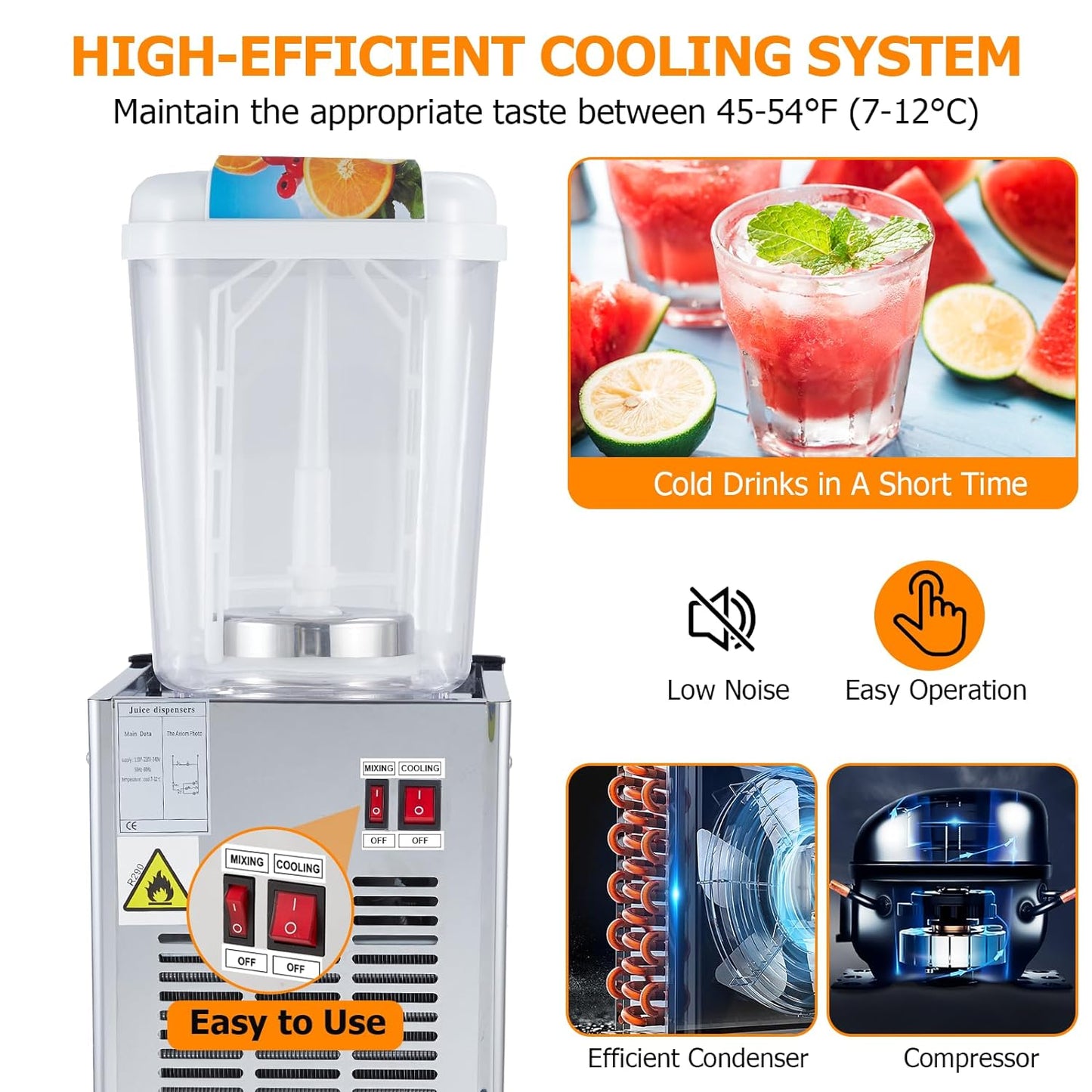 Commercial Beverage Dispenser, 1 Tanks 4.75 Gallon 18L Commercial Juice Dispenser, 18 Liter per Tank, 180W Stainless Steel Food Grade Ice Tea Drink Dispenser with Thermostat Controlle