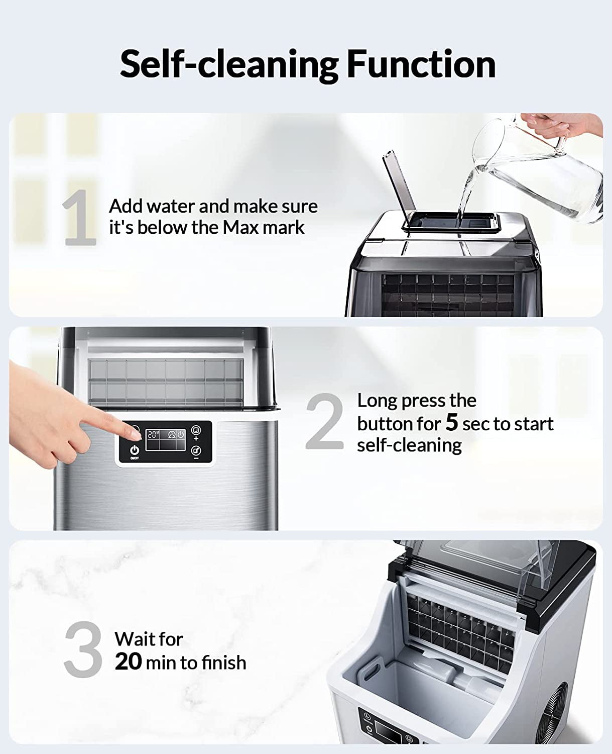 Countertop Ice Maker, 45Lbs per Day, 24Pcs Ice Cubes in 13 Min, 2 Ways to Add Water, Auto Self-Cleaning, Stainless Steel Ice Machine for Home Office Bar Party