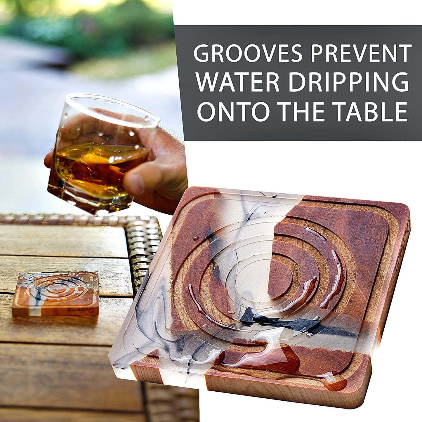 Qualerica Wooden Coasters Set, Epoxy Coasters, Wooden Coasters with Grooves, Modern Coasters with Holder, Cedar Wood Coaster, Set of 4 Coasters with Holder (4, Add Holder)