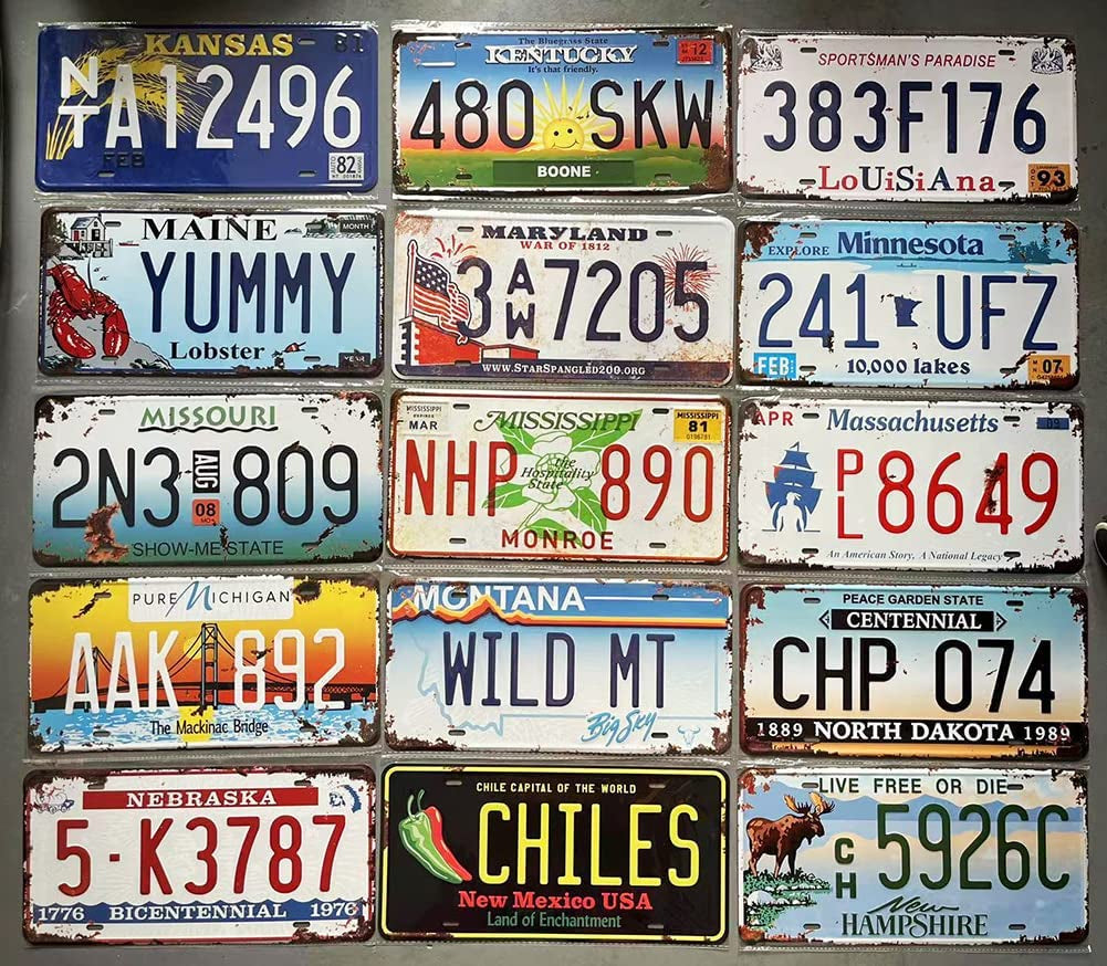24 Pieces Assorted Replica Car Number Tags, Embossed Prop License Plates, Home Wall Automobile Bar Garage Man Cave Decoration, 6X12 Inch