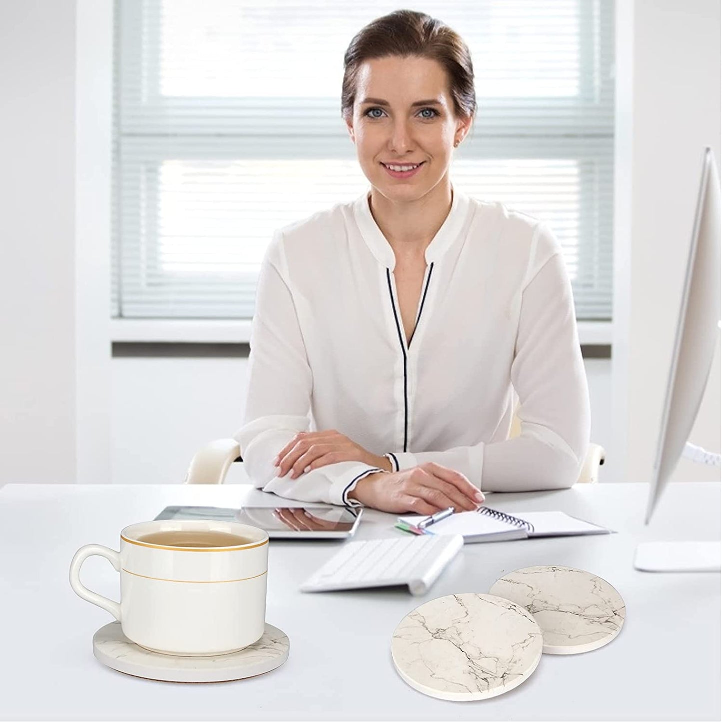 6 Pcs White Marble Coaster Set with Holder Best Absorbent Coasters Drink Coasters Ceramic Bar Wine Coasters Cute Stone Thirstysone Table Cup Coasters