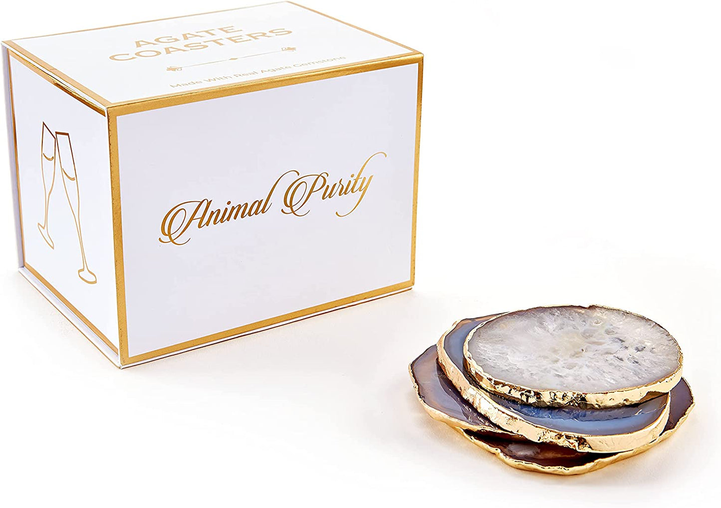 Brazilian Agate Coasters | Natural Agate Gemstone | Housewarming Gift | Geode Coasters | Perfect Home Gift | Crystal Coasters | Wedding Favor | Drink Coasters | Coaster Set by (White)