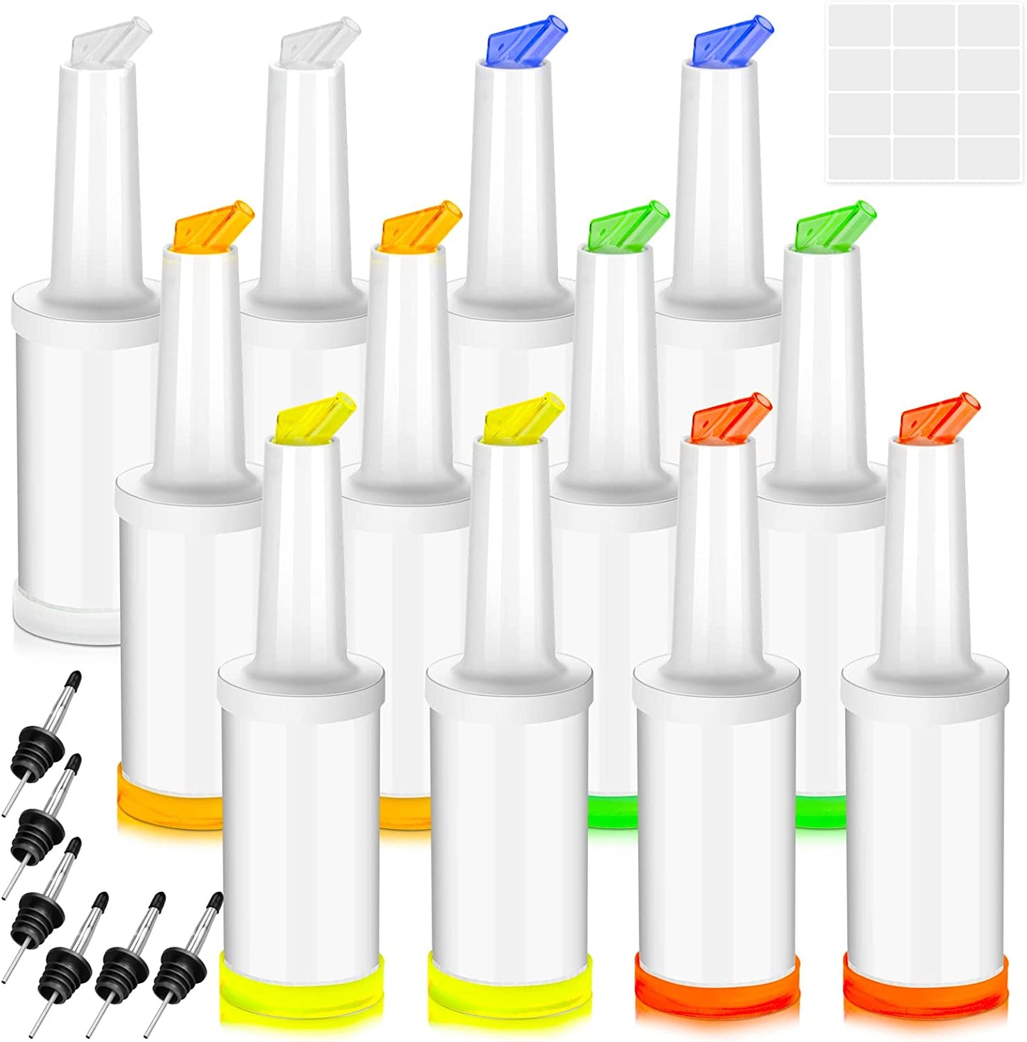 6 Pcs Juice Pour Bottles & 20 Pcs Pourers, Bar Supplies Liquor and Juice Pouring Bottles and Containers Plastic Juice Pour Bottles Stainless Steel Liquor Bottles Pourers for Home Kitchen Party Bar