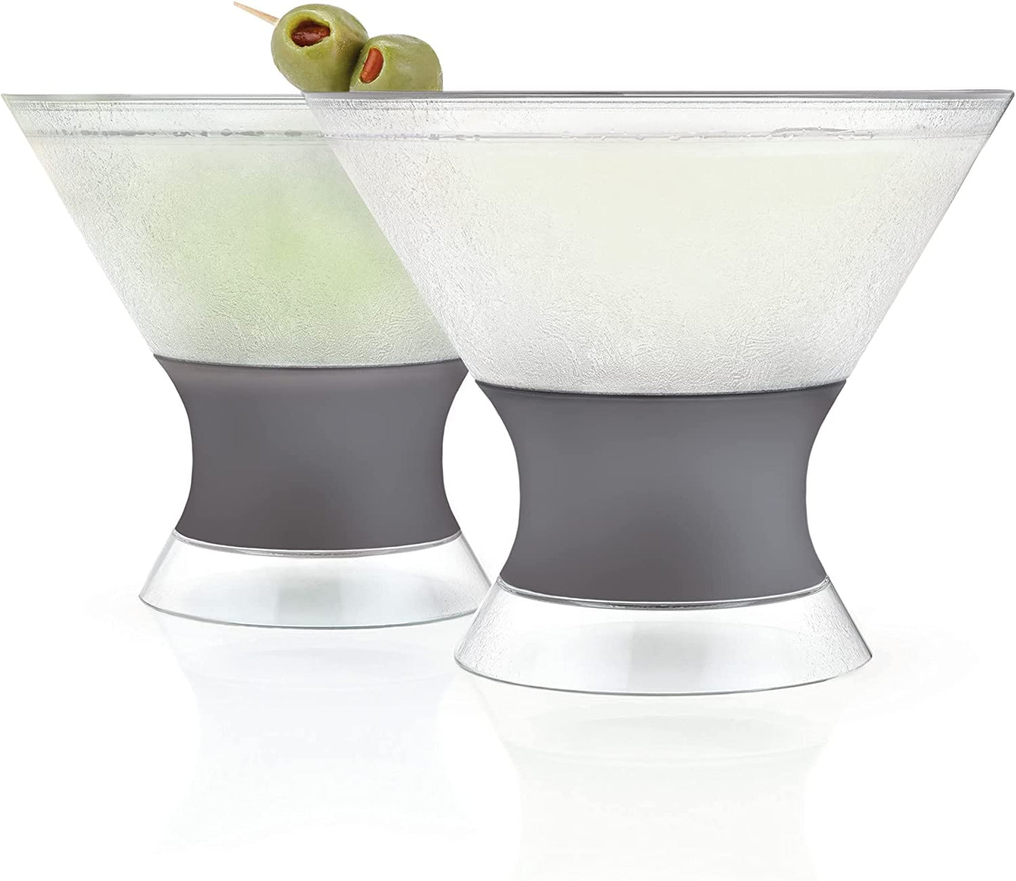 Freeze Insulated Martini Cooling Cups, Plastic Freezer Gel Chiller Double Wall Stemless Cocktail Glass Set of 2, 9 Oz, Grey