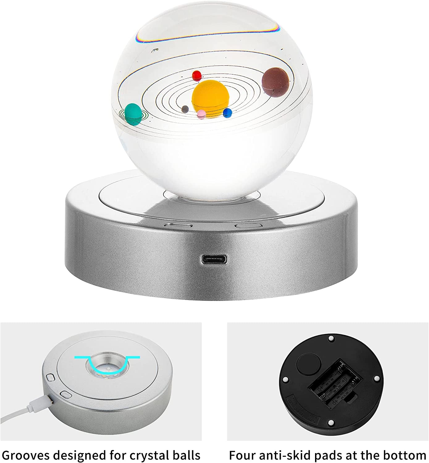 Rotating Display Stand - Spinning Display Stand with Colored Lights - Lighted LED Base for Glass Art with 4 Revolving & 8 Light Modes - Electric & Battery-Operated Platform - 5.1X1.2" (Silver)