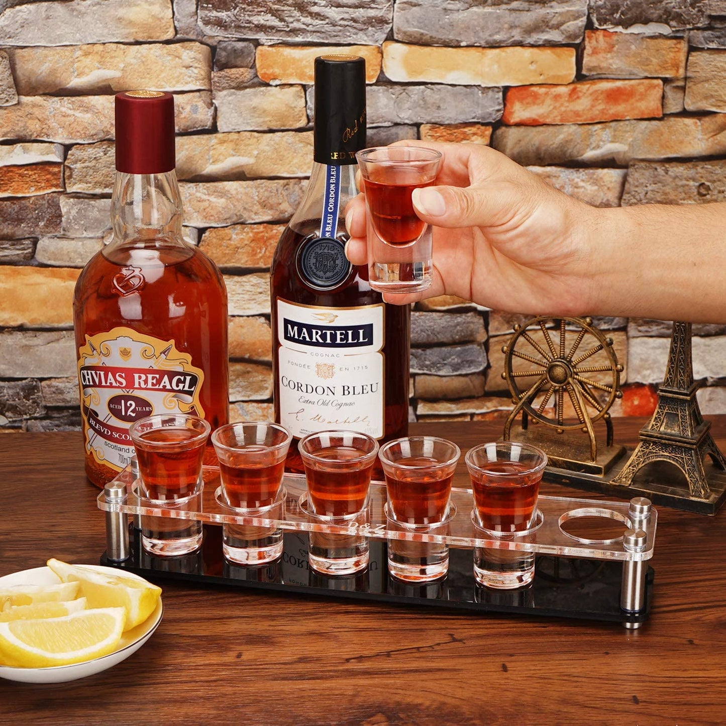 Shot Glass Holder with 6 Heavy-Base Shooter Glasses, Assembled Acrylic Server for Restaurant, Bar, Family Gathering, 1 Oz ( 30 Ml ) Tasting Glass for Tequila, Vodka, Whiskey, Beer, Wine, Soju