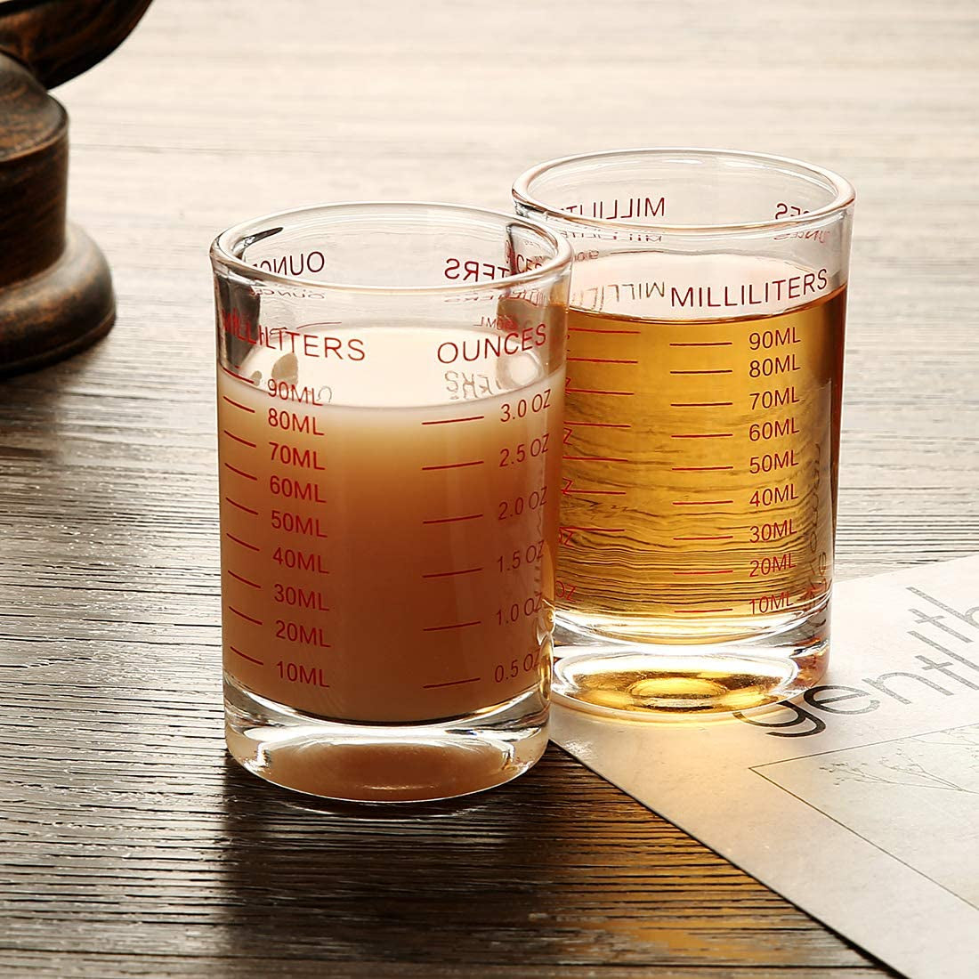 2 PACK Measuring Cup Shot Glass 3 Ounce/90Ml Liquid Heavy Glass Red Scale