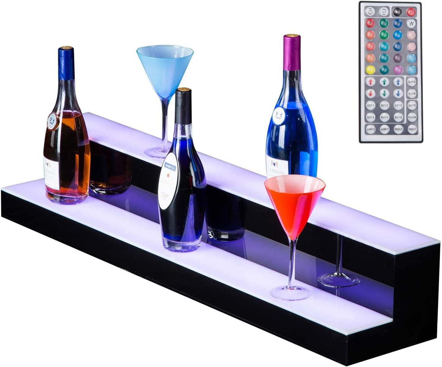 LED Lighted Liquor Bottle Display Shelf, 30 in 2 Step LED Lighted Bar Shelf for Home Commercial Bar Drinks Acrylic Lighting Shelves High Gloss Black Finish with Remote Control