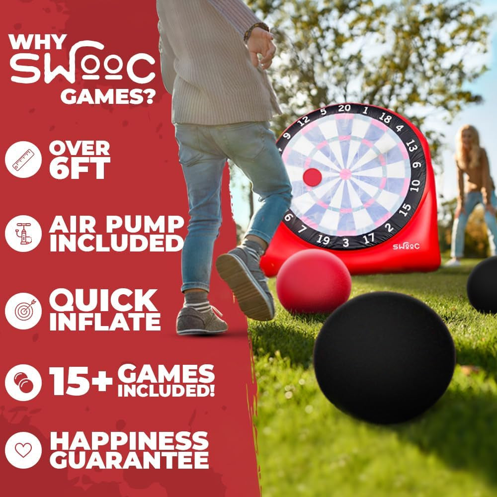 Games - Giant Kick Darts (Over 6Ft Tall) with over 15 Games Included - Giant Inflatable Outdoor Dartboard with Soccer Balls, Air Pump & Score Card - Jumbo Foot Darts Game with Big Target (Red)