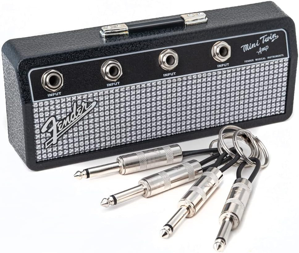 Licensed Fender Jack Rack- Guitar Amp Key Holder, Includes 4 Guitar Plug Keychains and 1 Wall Mounting Kit. Quick and Easy Installation.