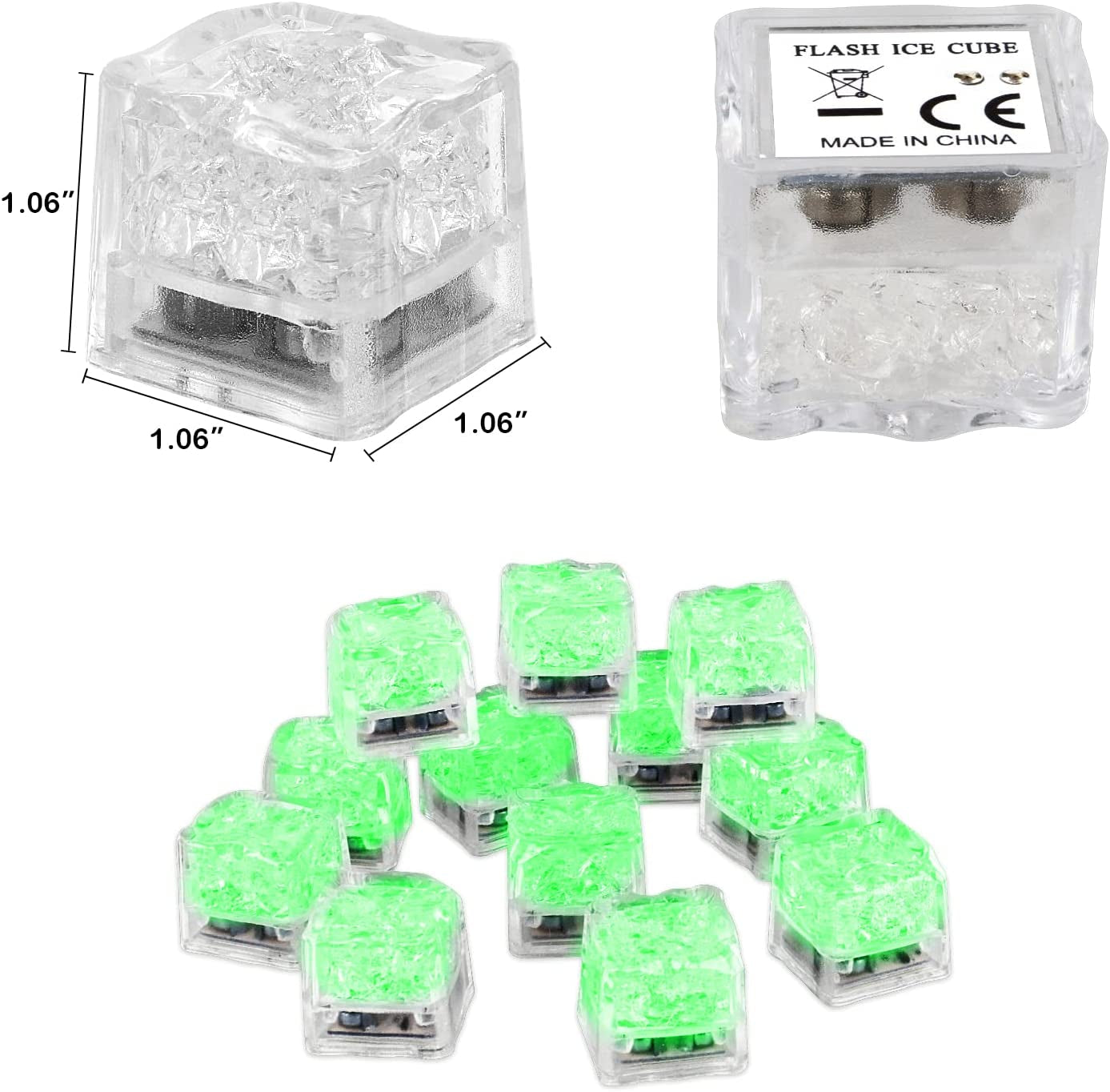 Light up Ice Cubes for Drinks, 48 PCS Green LED Ice Cubes Liquid Activated, Glow in the Dark Waterproof Ice Cubes for Home Bar Supplies Summer Party Wedding Decor