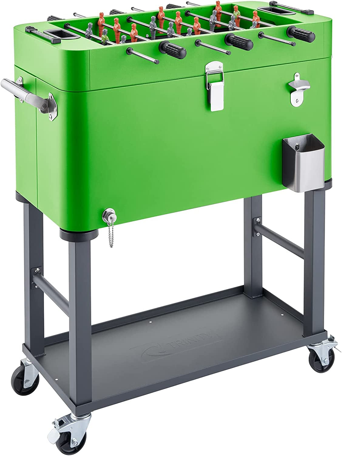80 Quart Beverage Cooler and Ice Chest with Foosball Table Top and Bottle Opener, Rolling Cart with Storage Shelf, Detachable Tub Design, 96 Can Capacity, Includes Protective Cover