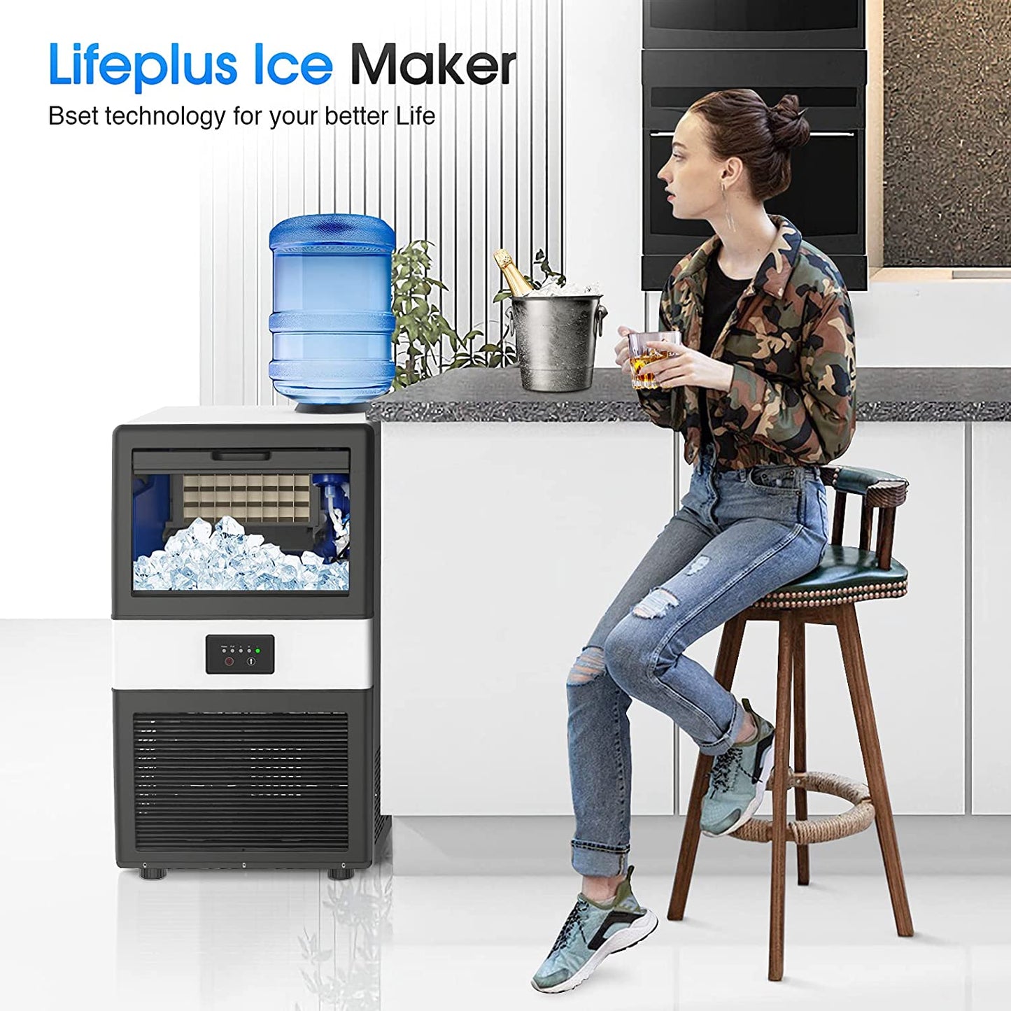 Ice Maker Commercial - 70Lbs/24H Ice Machine 32 Ice Cubes in 11-20 Minutes, Freestanding Cabinet Ice Maker with 13 Lbs Storage Bin, 2 Ways Add Water for Bar Home Office Restaurant