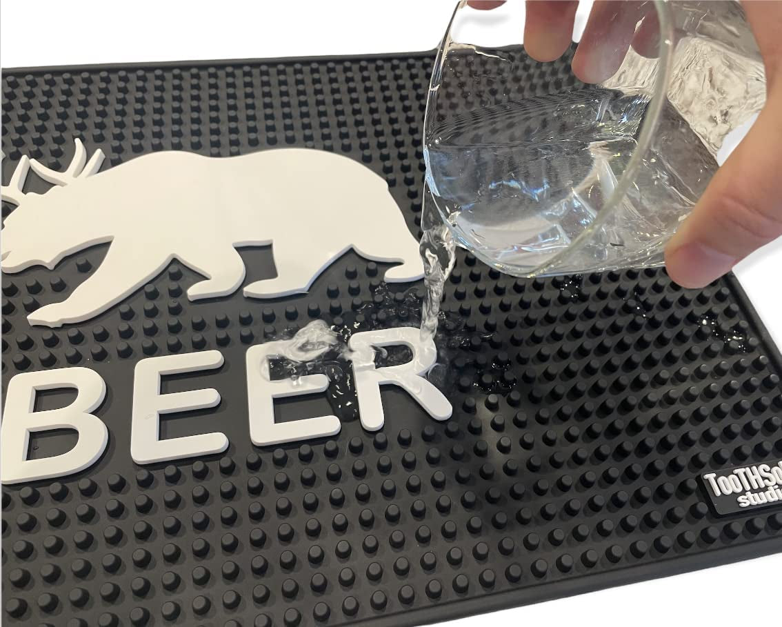 Beer Bear with Deer Antlers 17.7" X 11.8" Funny Bar Spill Mat Rail Countertop Accessory Home Pub Decor Slip Resistant Durable Thick Bar Covering for Craft Brewery Kitchen Cafe and Restaurant Accessory