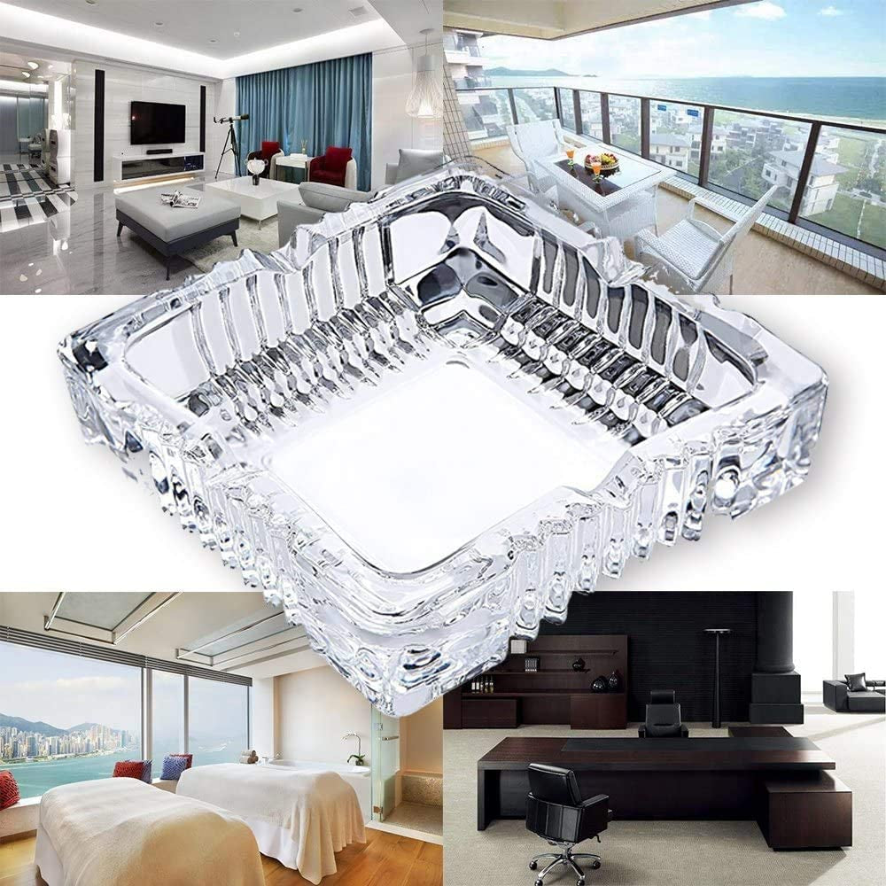 Ashtray , Large Glass Ashtray for Cigarette Cigar , Clear Crystal Ash Trays Outdoor Glass Spuare Ashtrays (7X7Inch)