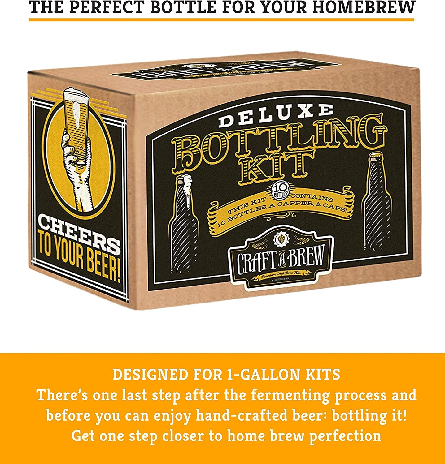 Deluxe Bottling Kit – Homebrew Bottler Equipment – Home Brewing Easy Bottling Set – 10 Empty 12Oz. Amber Glass Bottles – 30+ Caps – 1 Capper…