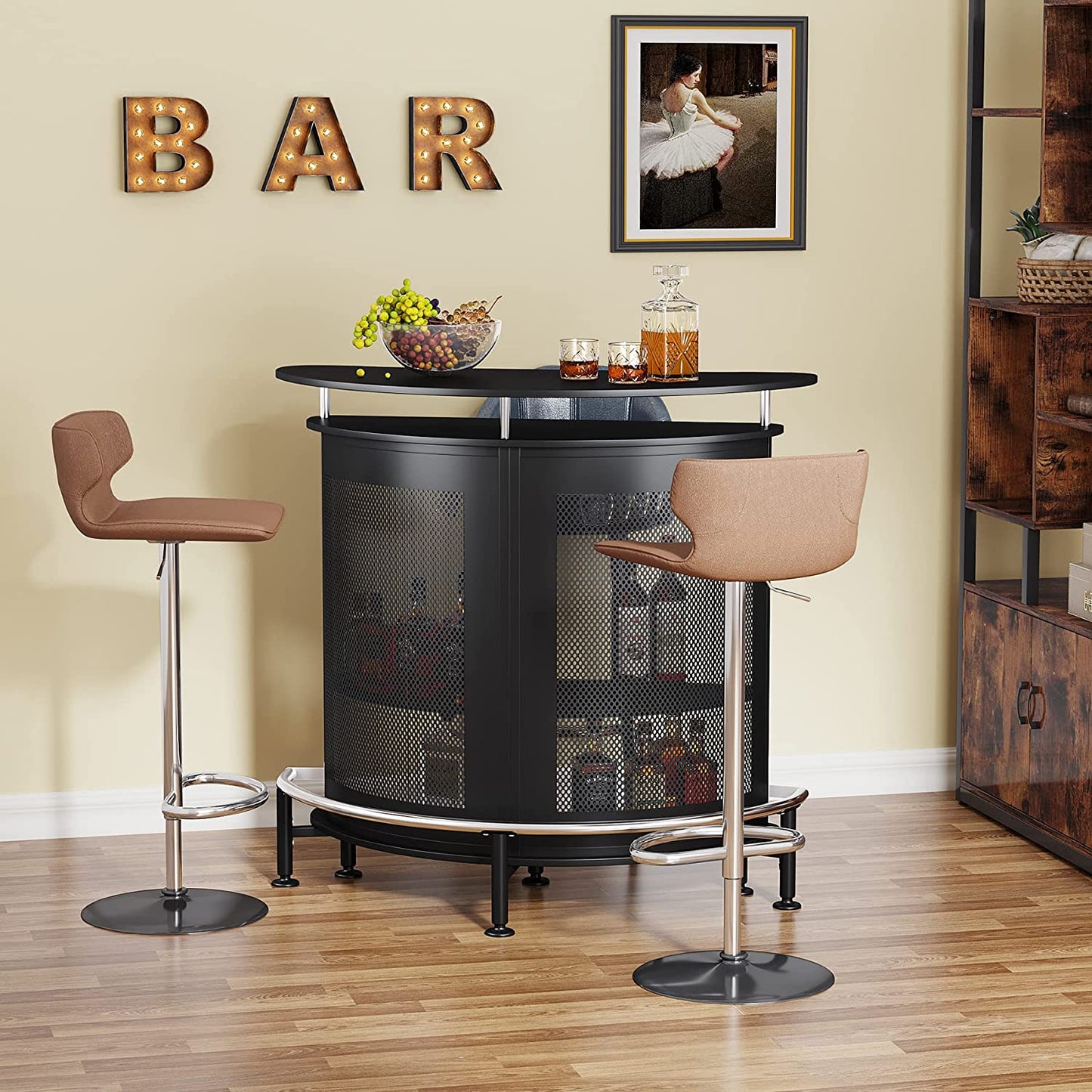 Bar Unit with Metal Mesh Front, Home Liquor Bar Table with Storage and Footrest (Black)