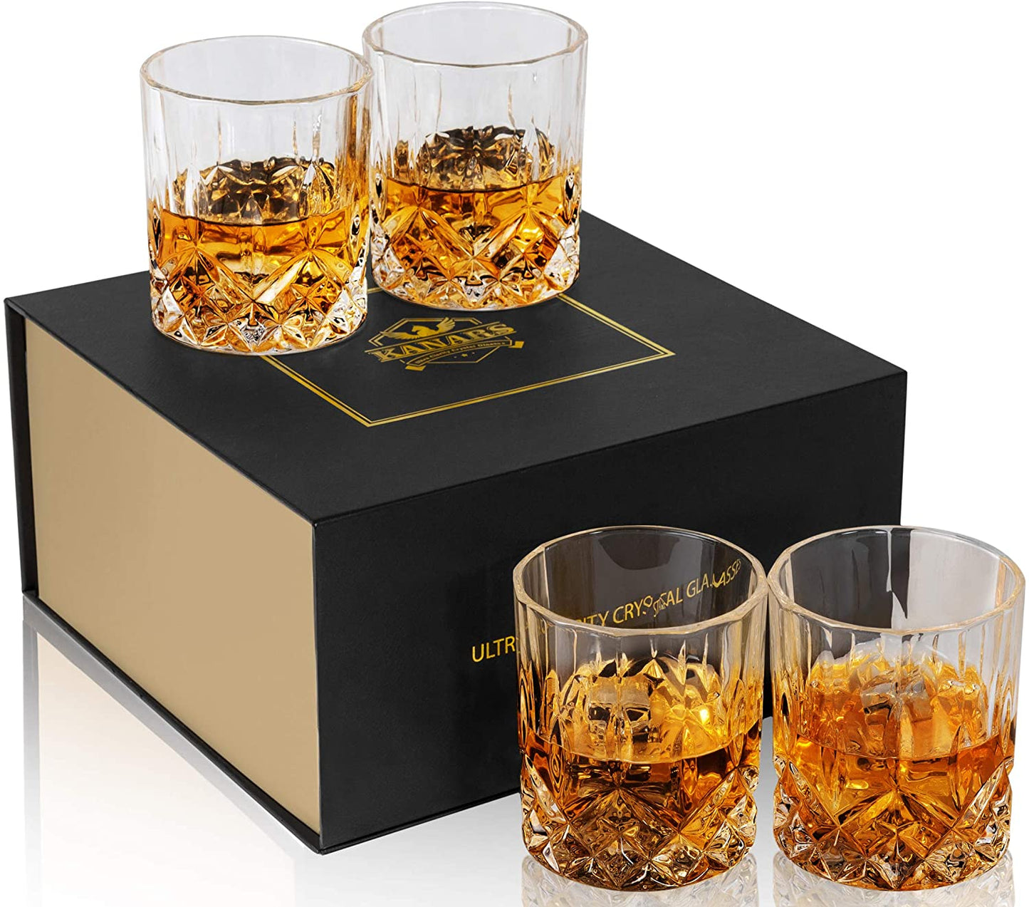 Old Fashioned Whiskey Glasses with Luxury Box - 10 Oz Rocks Barware for Scotch, Bourbon, Liquor and Cocktail Drinks - Set of 4