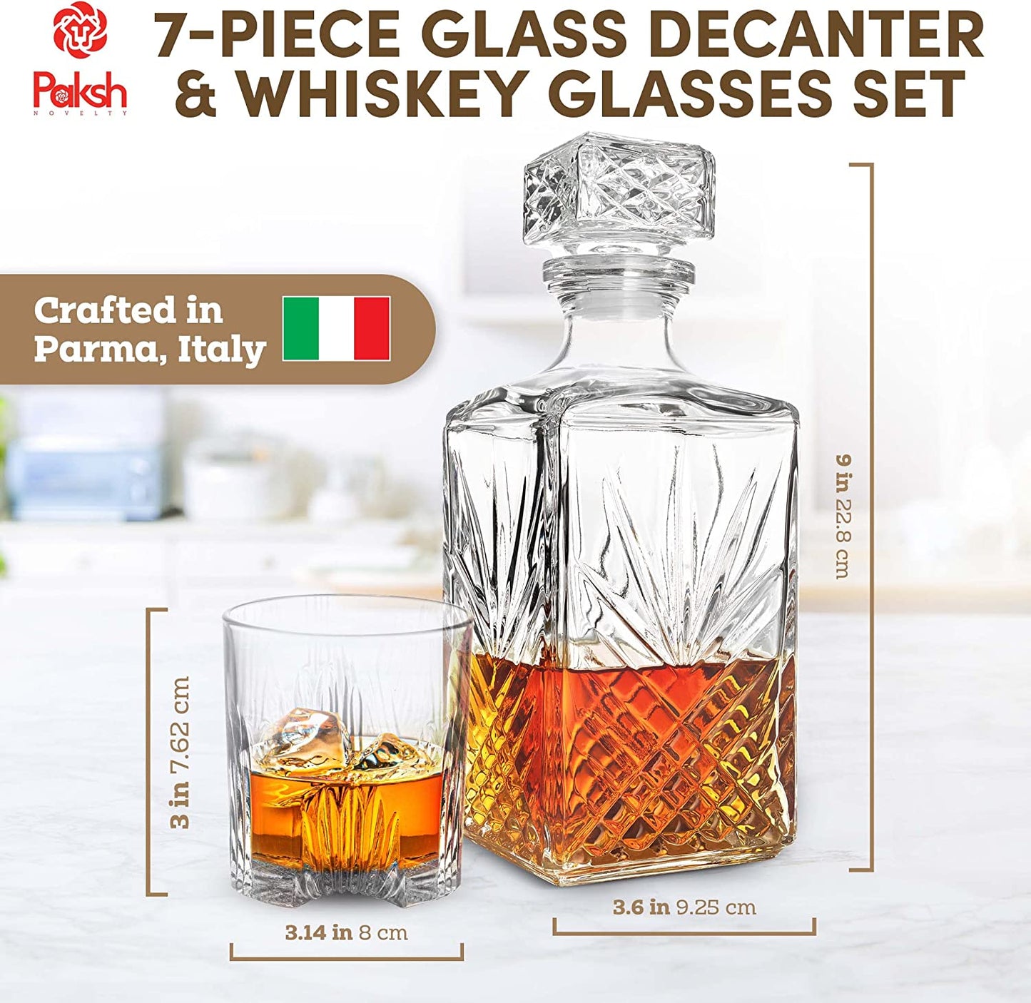 Whiskey Decanter Set - 7-Piece Italian Crafted Glass Decanter & Whiskey Glasses Set - Holiday Whiskey Gifts for Men and Women W/Ornate Stopper and 6 Cocktail Glasses
