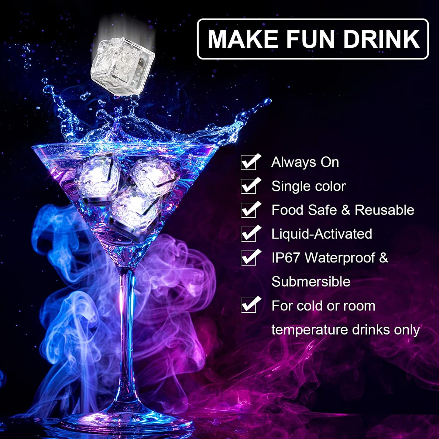 Light up Ice Cubes for Drinks,96 PCS White LED Ice Cubes Liquid Activated, Glow in the Dark Waterproof Ice Cubes for Home Bar Supplies Summer Party Wedding Decor