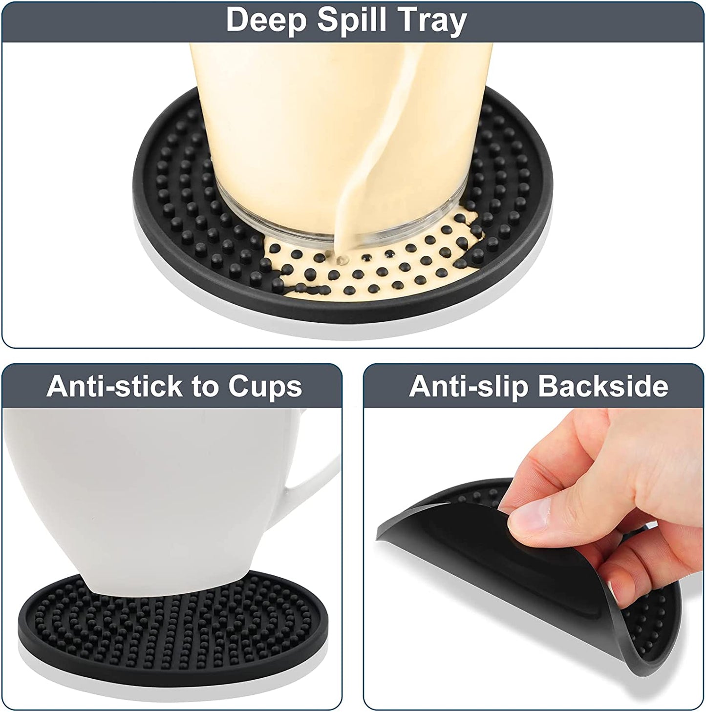 Coasters for Drinks , Perfect Silicone Drink Coasters Set of 8, Non-Stick Black Coasters for Coffee Table, Wooden Table, Heat Resistant Coaster Set with Deep Grooved, Coasters Fit All Cups