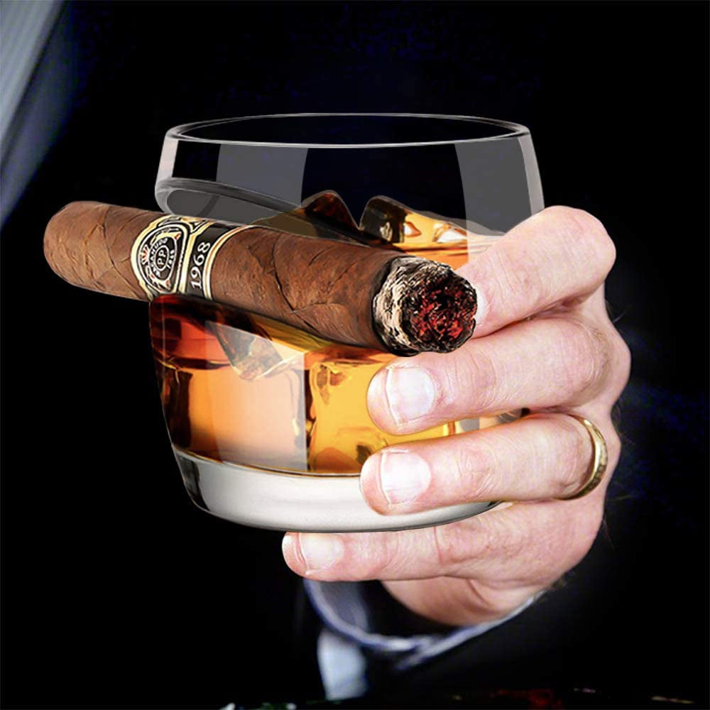Old Fashioned Whiskey Glass, Cigar Whiskey Glass 15 Oz with Cigar Rest Holder, Gifts for Men Who Have Everything, Elegant Gift Box for Christmas, New Year, Thanksgiving, Birthday (Round)