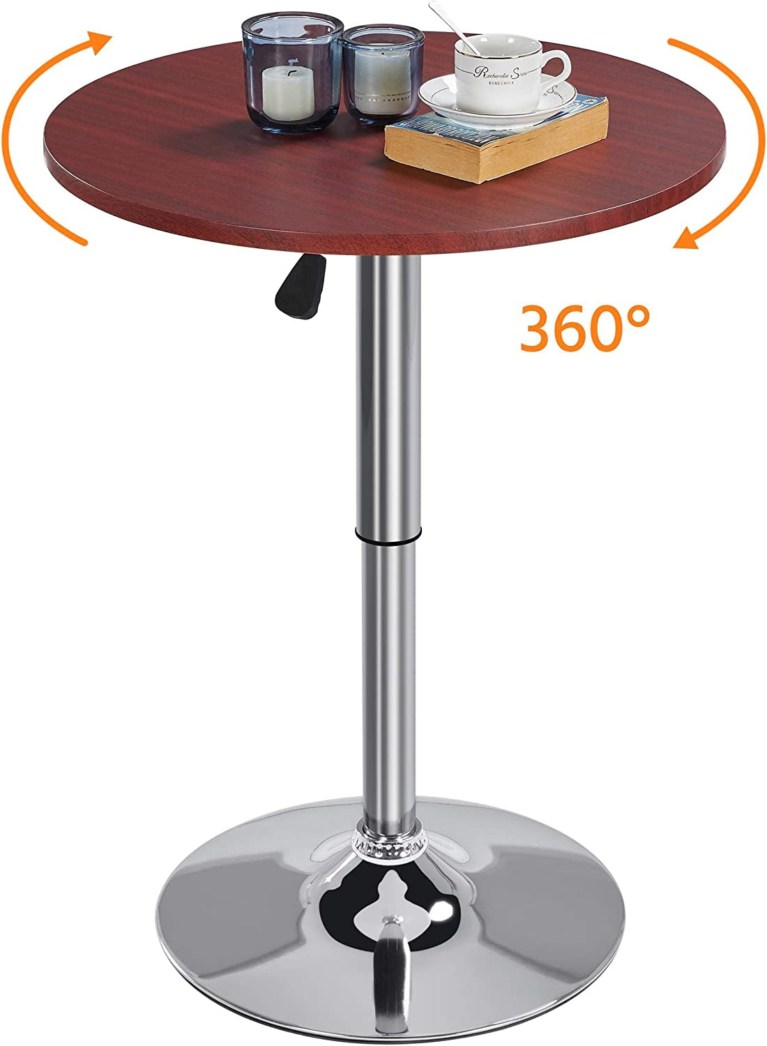 round Pub Bar Table High Top Table Cocktail Table MDF Top with Silver Leg Base 27.4-35.8 Inch Adjustable 88 Lb Capacity, Mahogany Color