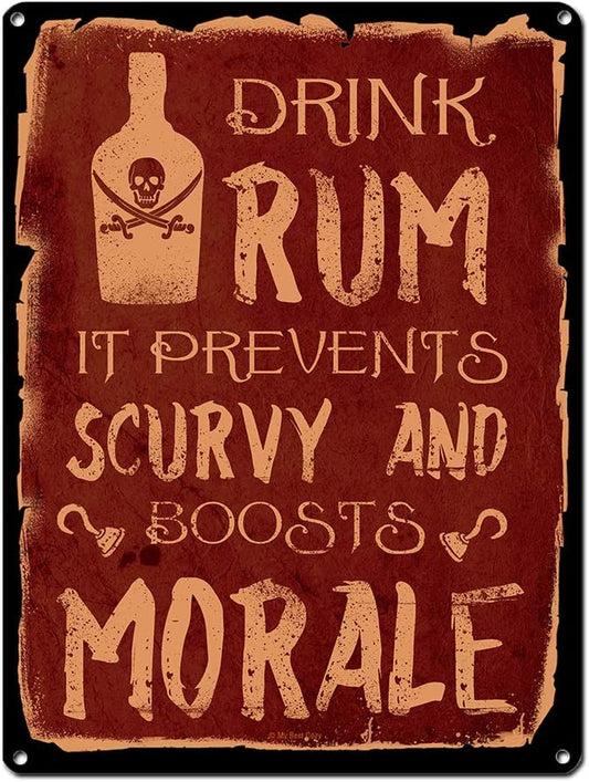 Drink Rum It Prevents Scurvy and Boosts Morale, 8.5 X 11.5 Inch Aluminum Sign, Pirate Wall Decor for Man Cave, Brewery, Bar, Accessories and Gifts for Men, Vintage Distressed Look AL-0912-RK1043