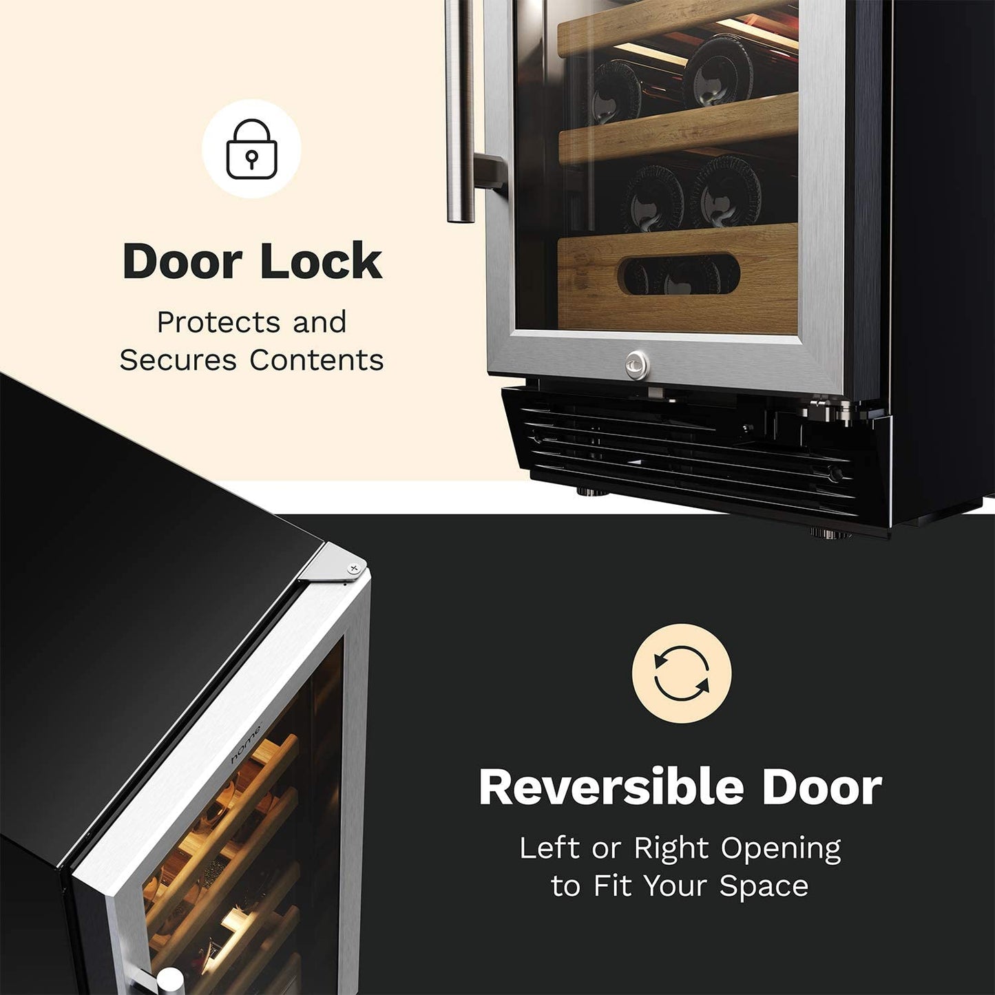 25 Bottles High-End Wine Cooler - Standalone Dual-Zone Mini Fridge and Chiller for Wines with Temperature Control Panel, Stainless Steel Reversible Door Swing and Removable Wood Shelves