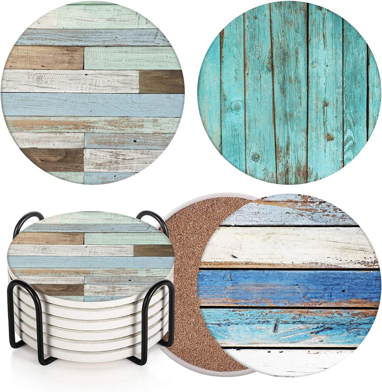 Set of 6 Coaster for Drinks Absorbent with Cork Base, Metal Holder, round Wooden Stone Drink Mat for Coffee Wood Table, Gift for Birthday, Farmhouse Housewarming Room Bar Decor Retro Skull