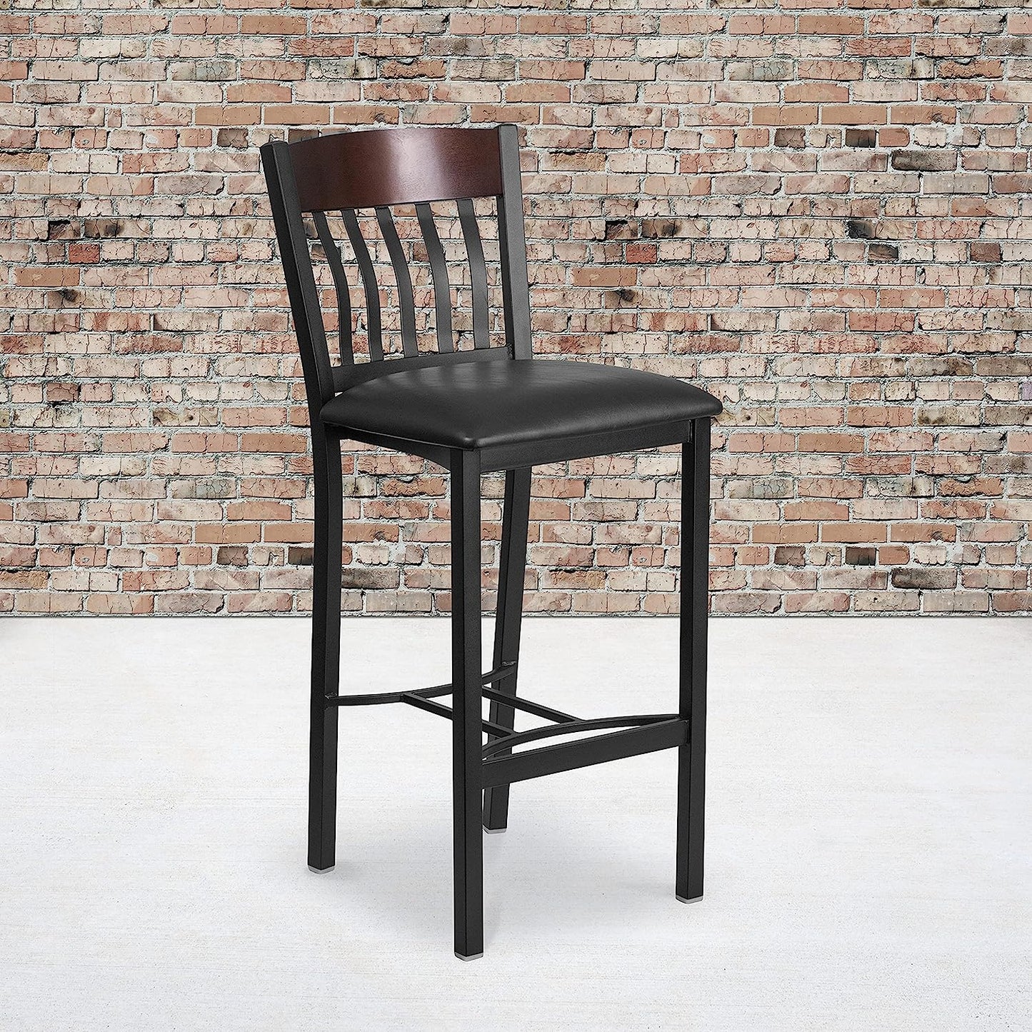 Vertical Back Metal & Cherry Wood Barstool with Vinyl Seat