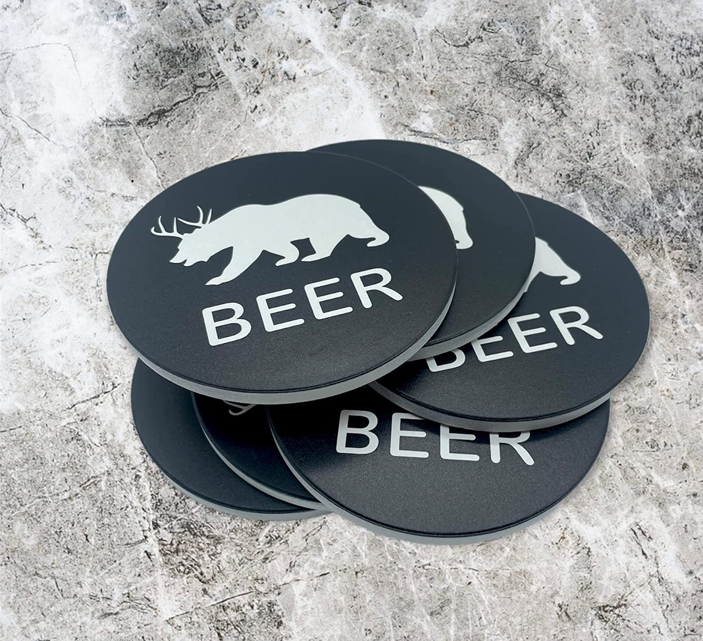 Beer Bear 6 Piece Ceramic Coaster Set Funny Bar Humor Kitchen Living Room Dining Room Pub Tavern Home Decor Accent Piece