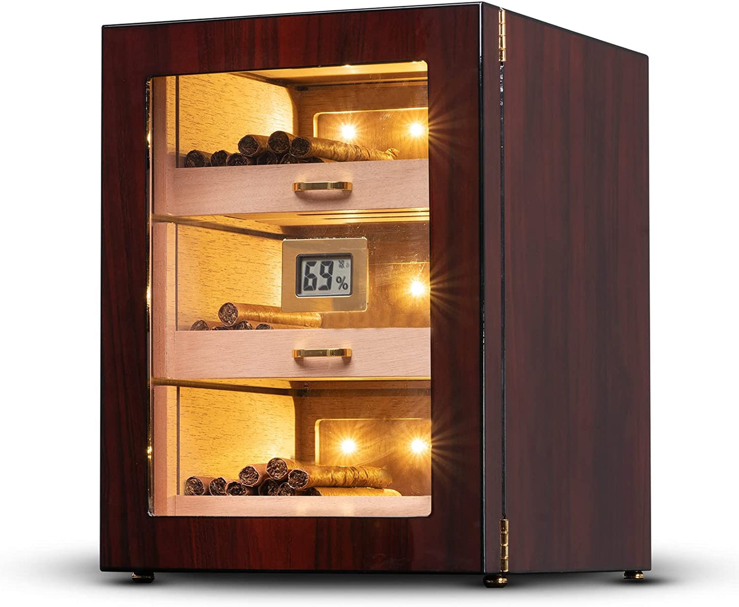 Cigar Humidor Cabinet with Digital Hygrometer for 100 to 150 Counts, Spanish Cedar Lined Cigar Box with 3 Large Drawers, 2 Crystal Gel Humidifiers, Glossy Ebony Finish, Great Gift for Father