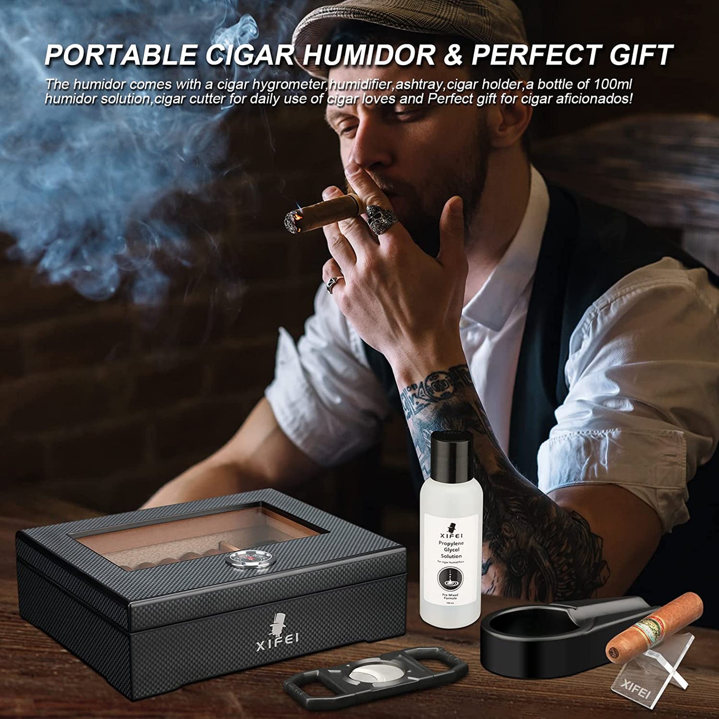 Cigar Humidor, Glass Top Carbon Fiber Texture Top Inlay Hygrometer,Including Cigar Humidifier, Acrylic Cigar Stand,Cigar Ashtray and Humidor Solution, Holds 25-60 Cigars (9IN*7.5 * 2.8)