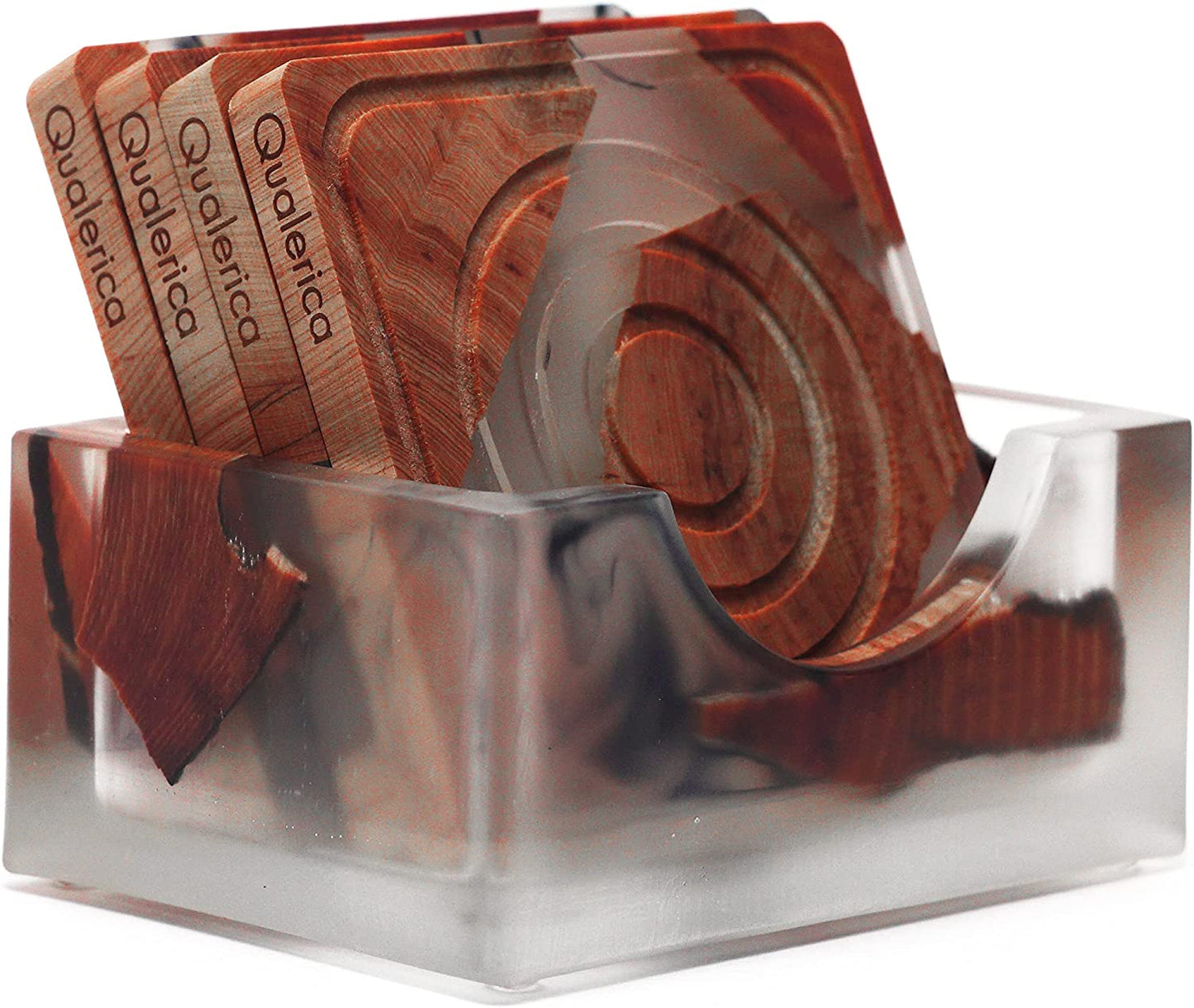 Qualerica Wooden Coasters Set, Epoxy Coasters, Wooden Coasters with Grooves, Modern Coasters with Holder, Cedar Wood Coaster, Set of 4 Coasters with Holder (4, Add Holder)