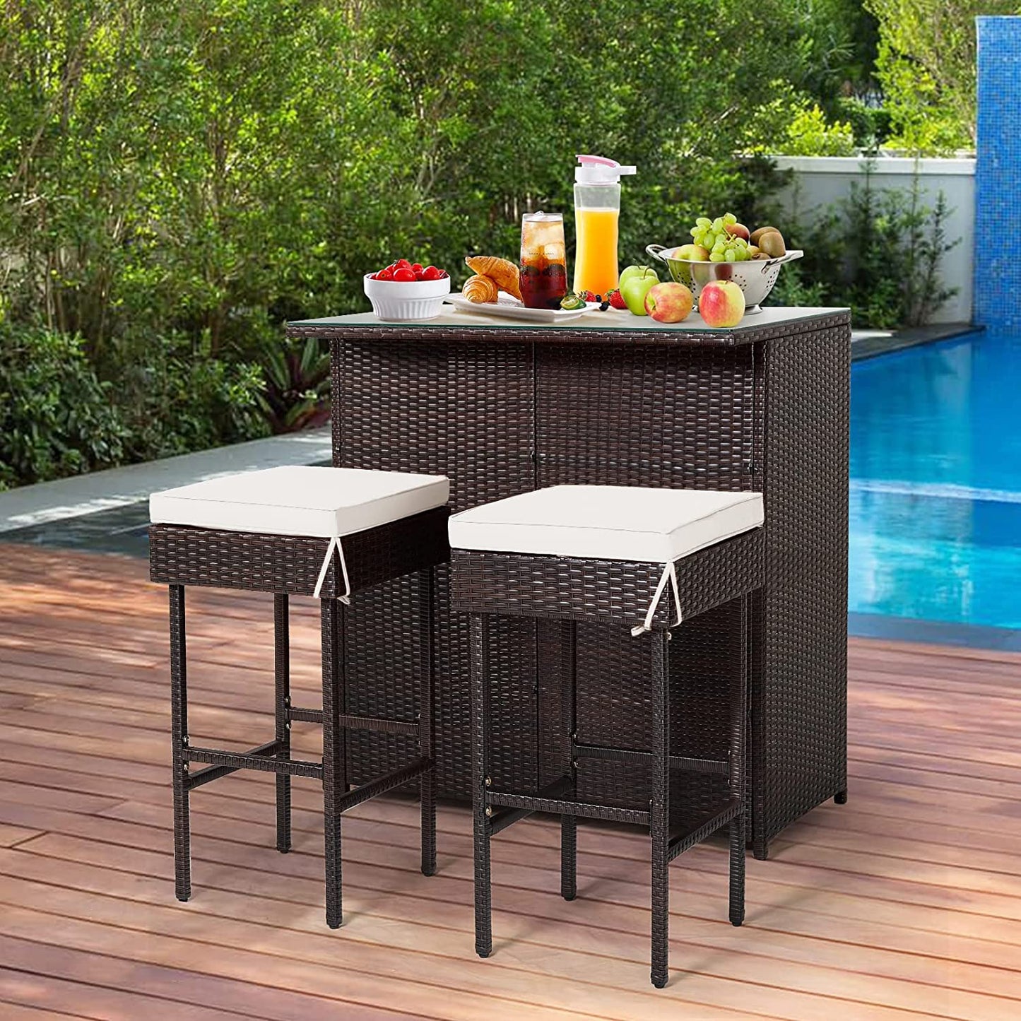 RELAX4FLIE 3-Piece Outdoor Bar Set, Patio Wicker Bar Height Table and Chairs Set with Cushioned Stools 2 Open Shelves & Glass Table Top, Rattan Bar Table Set for Poolside, Garden and Backyard (Beige)