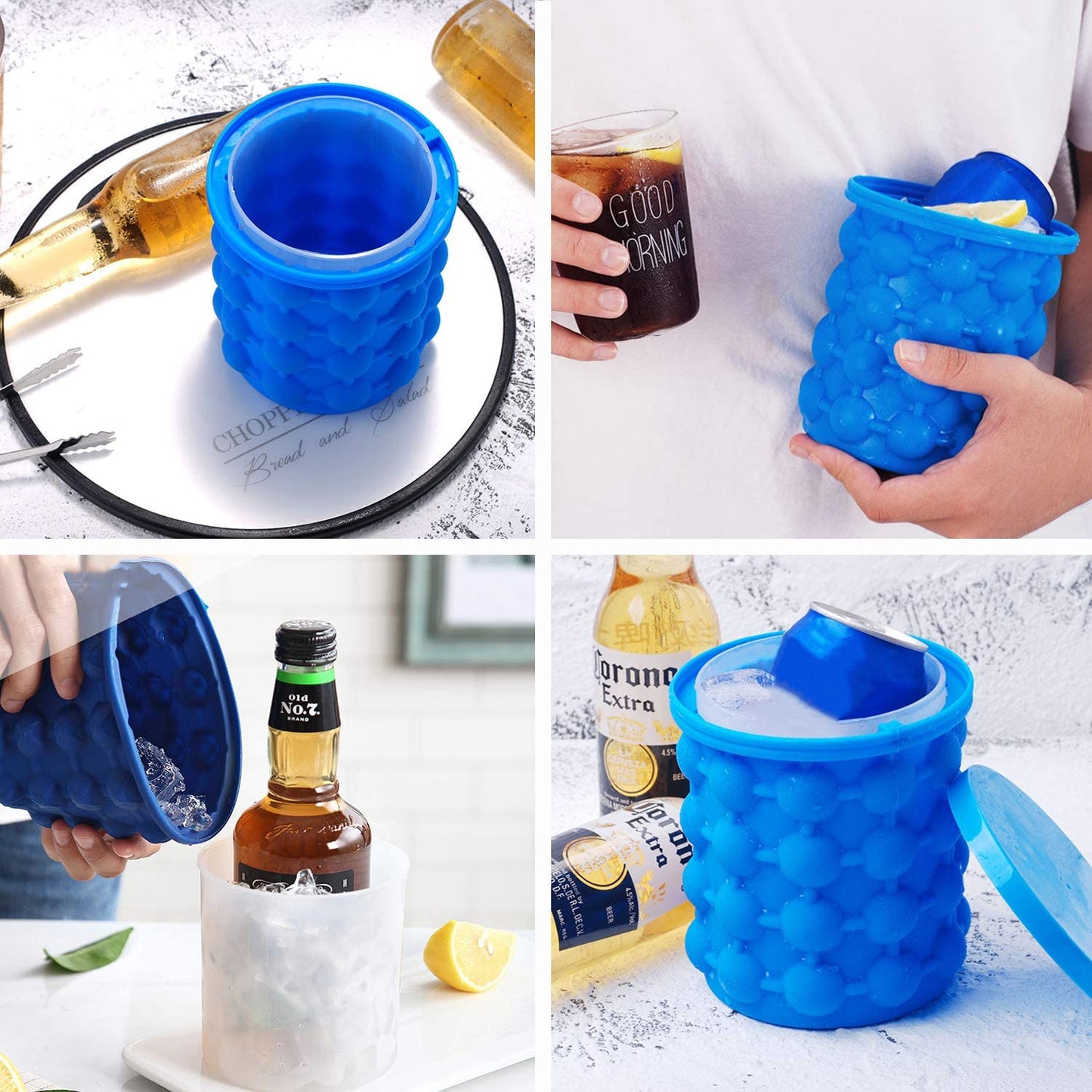 Ice Cube Mold Ice Trays, Large Silicone Ice Bucket, (2 in 1) Ice Cube Maker, Round,Portable (Dark Blue)